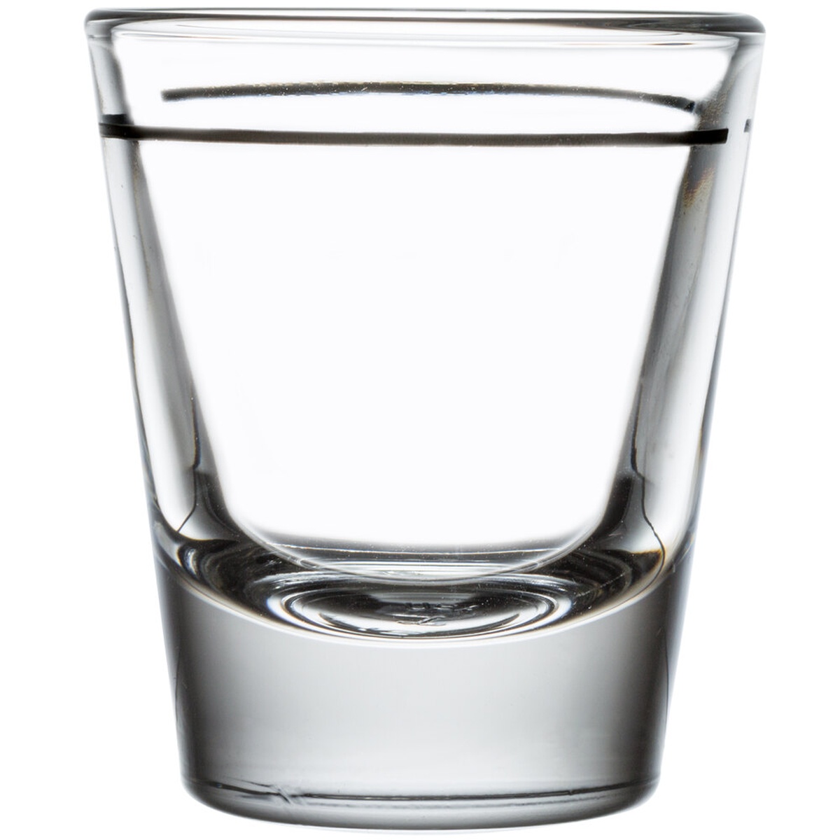Libbey 5120/A0007 1.5 oz whiskey shot glass with visible 1 oz engraved pour line, front view on white background