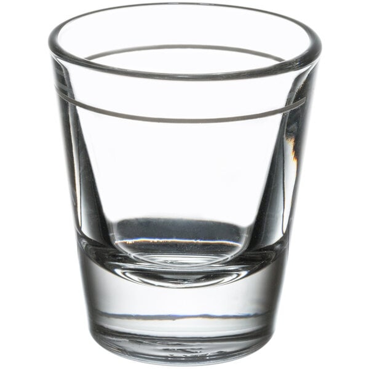 Libbey 5120/A0007 whiskey shot glass, empty, angled three-quarter view showing clear glass body and thick base