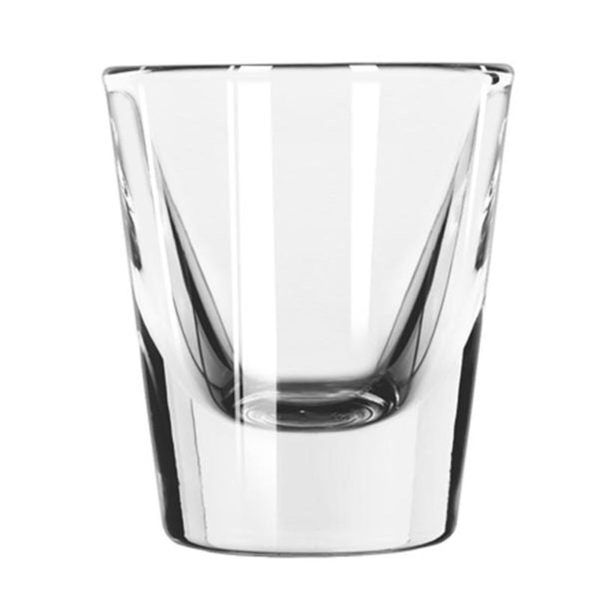 Libbey 5121 1-1/4 oz clear whiskey shot glass with tapered profile on white background