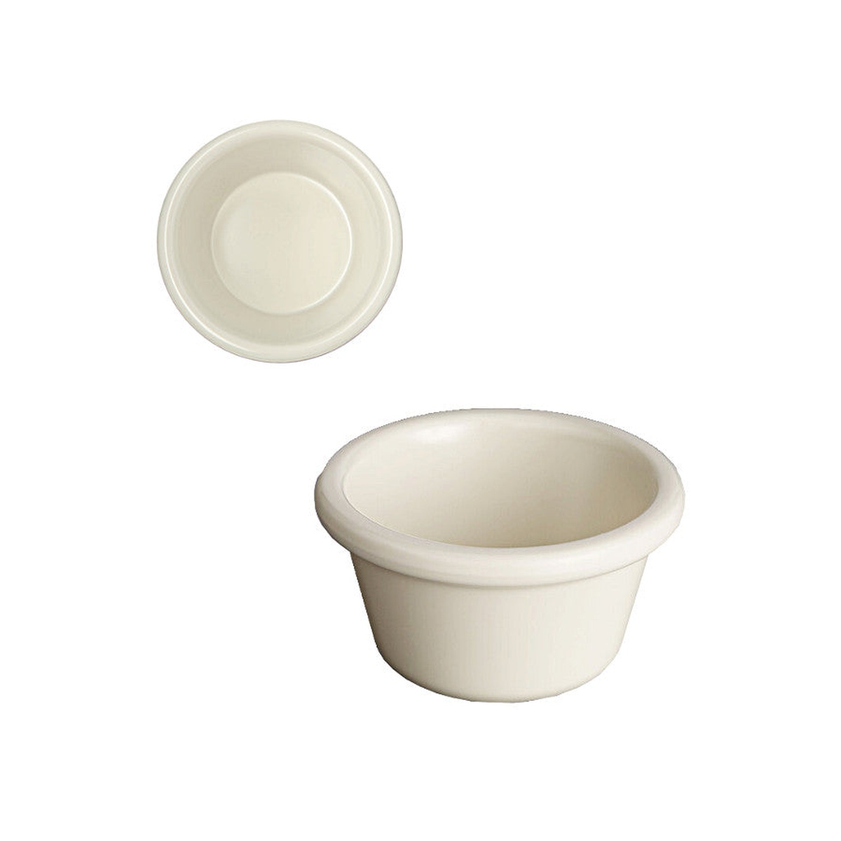 Clipper Mill 5123-Bone 2 oz smooth bone-colored melamine ramekin shown from top and three-quarter angle