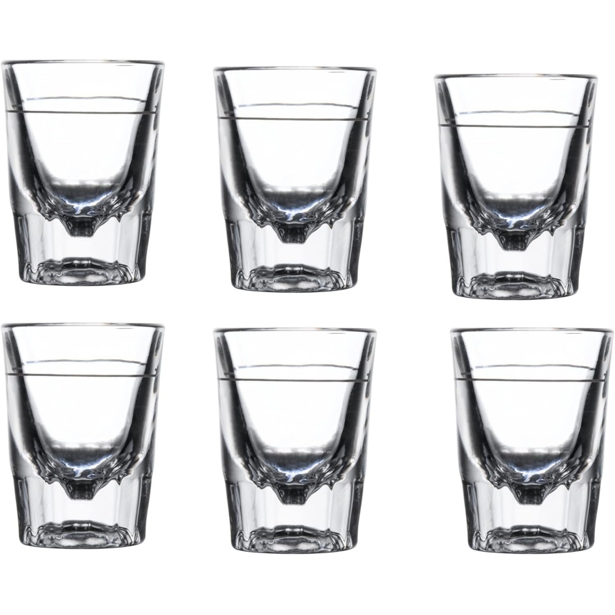 Set of six Libbey 5126 fluted clear shot glasses showing the 1 oz capacity line etched near the top