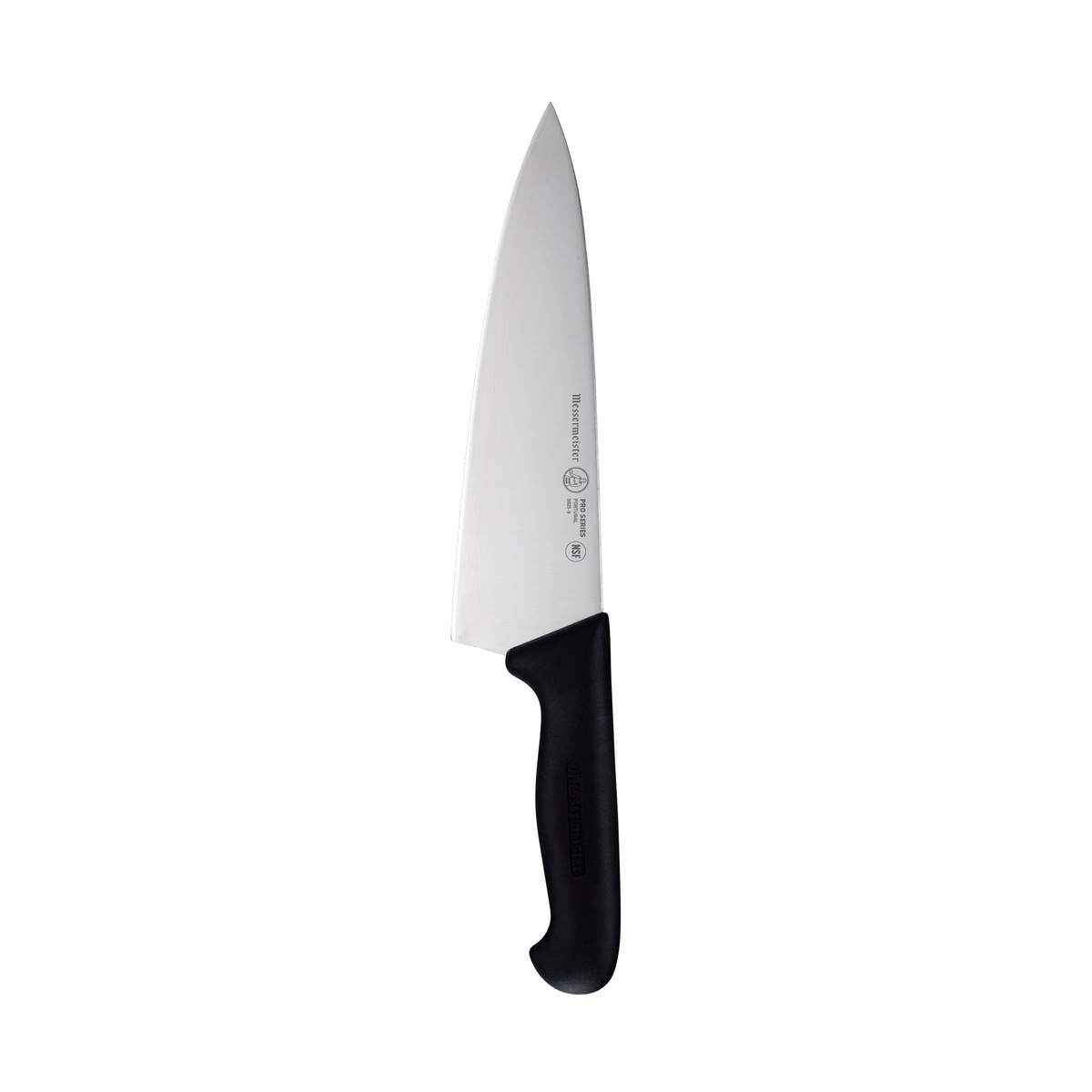 Full view of Messermeister chef knife with black molded handle