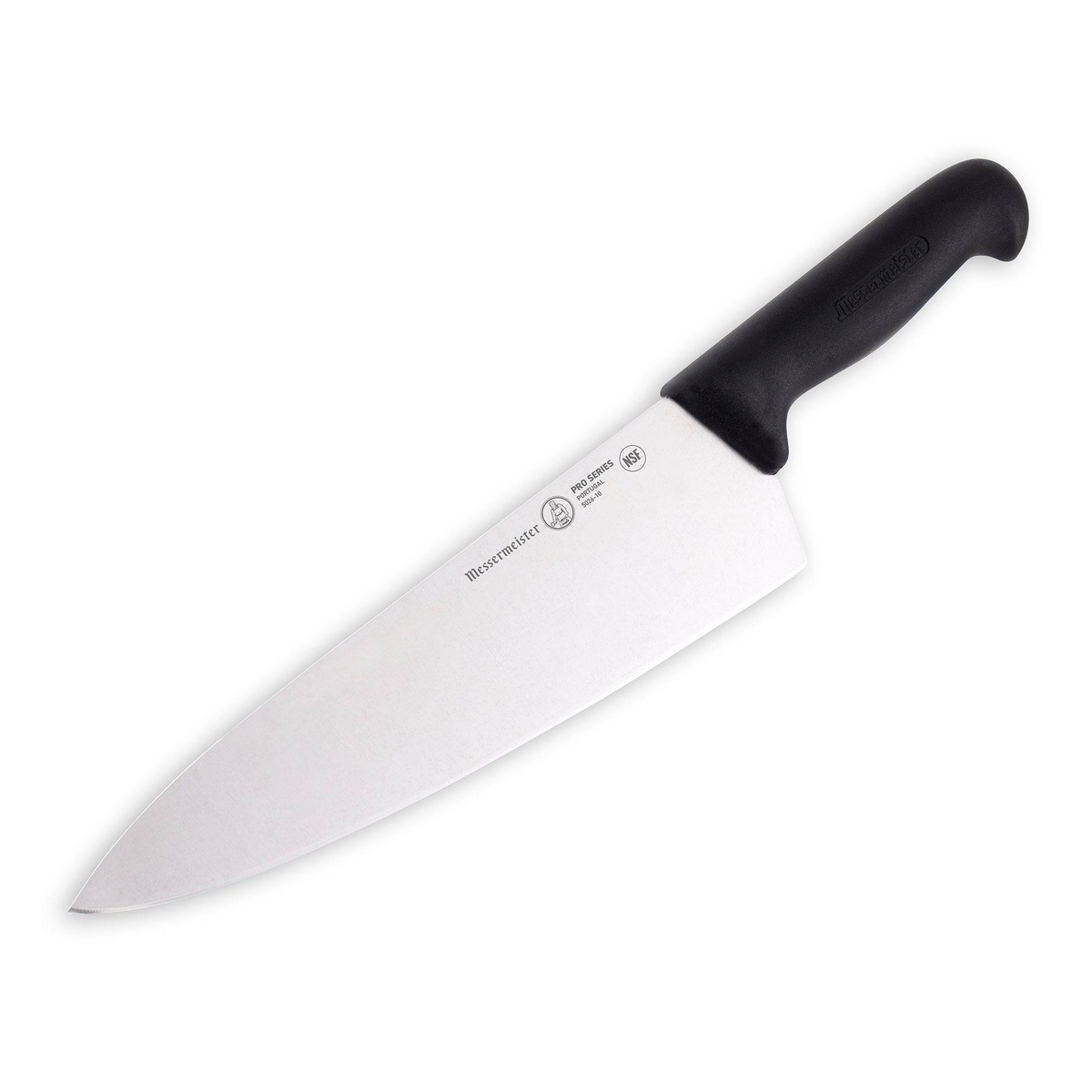Angled view of Messermeister chef knife showing blade shape and handle