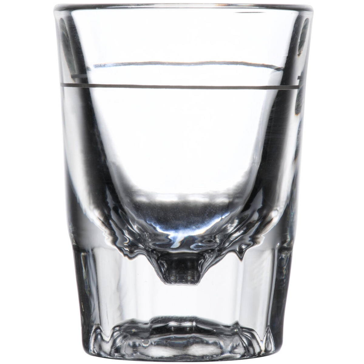 Libbey 5126/A0007 2 oz. clear fluted shot glass with 1 oz. cap line on white background