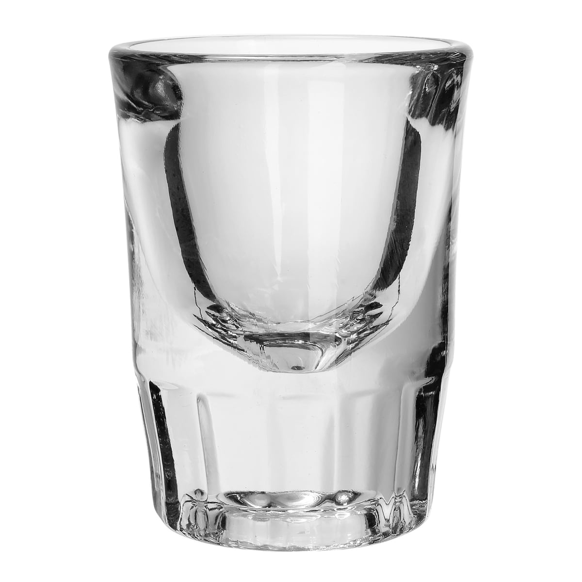 Libbey 5127 fluted clear shot glass, front view showing thick base and fluted side profile