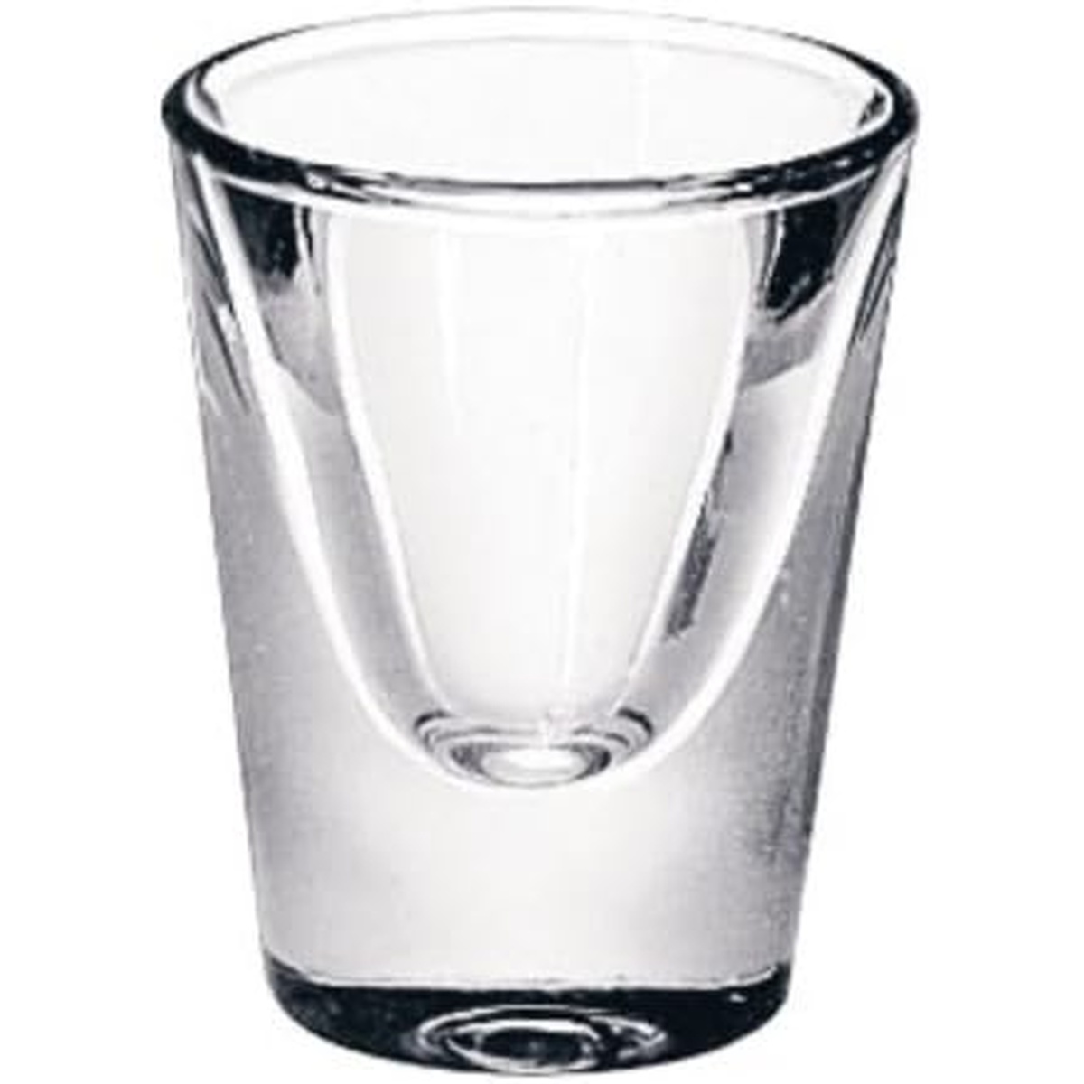 Libbey 5128 clear glass whiskey shot glass, tapered cylindrical form with thick base