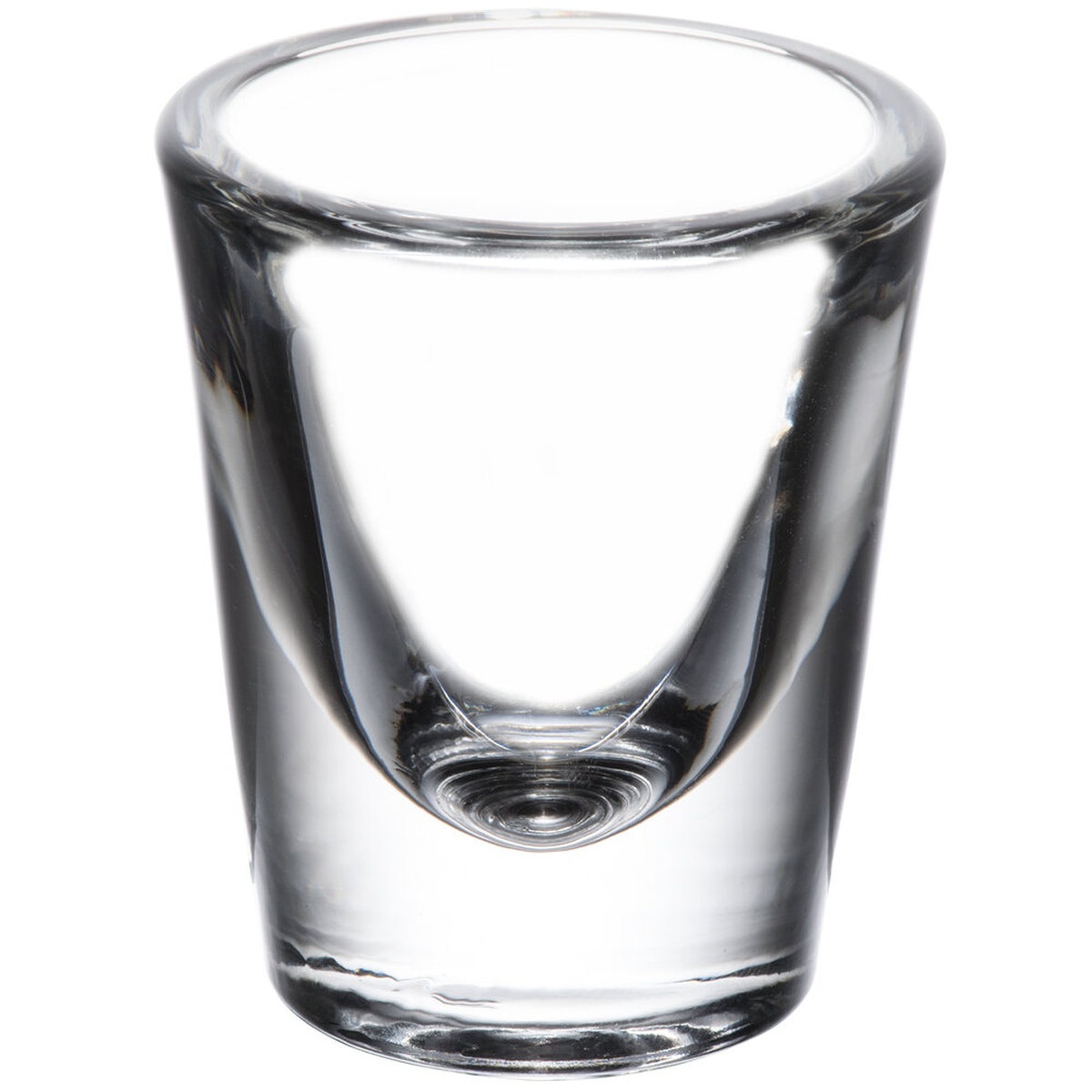 Libbey 5128 clear whiskey shot glass with tapered sides and thick round base