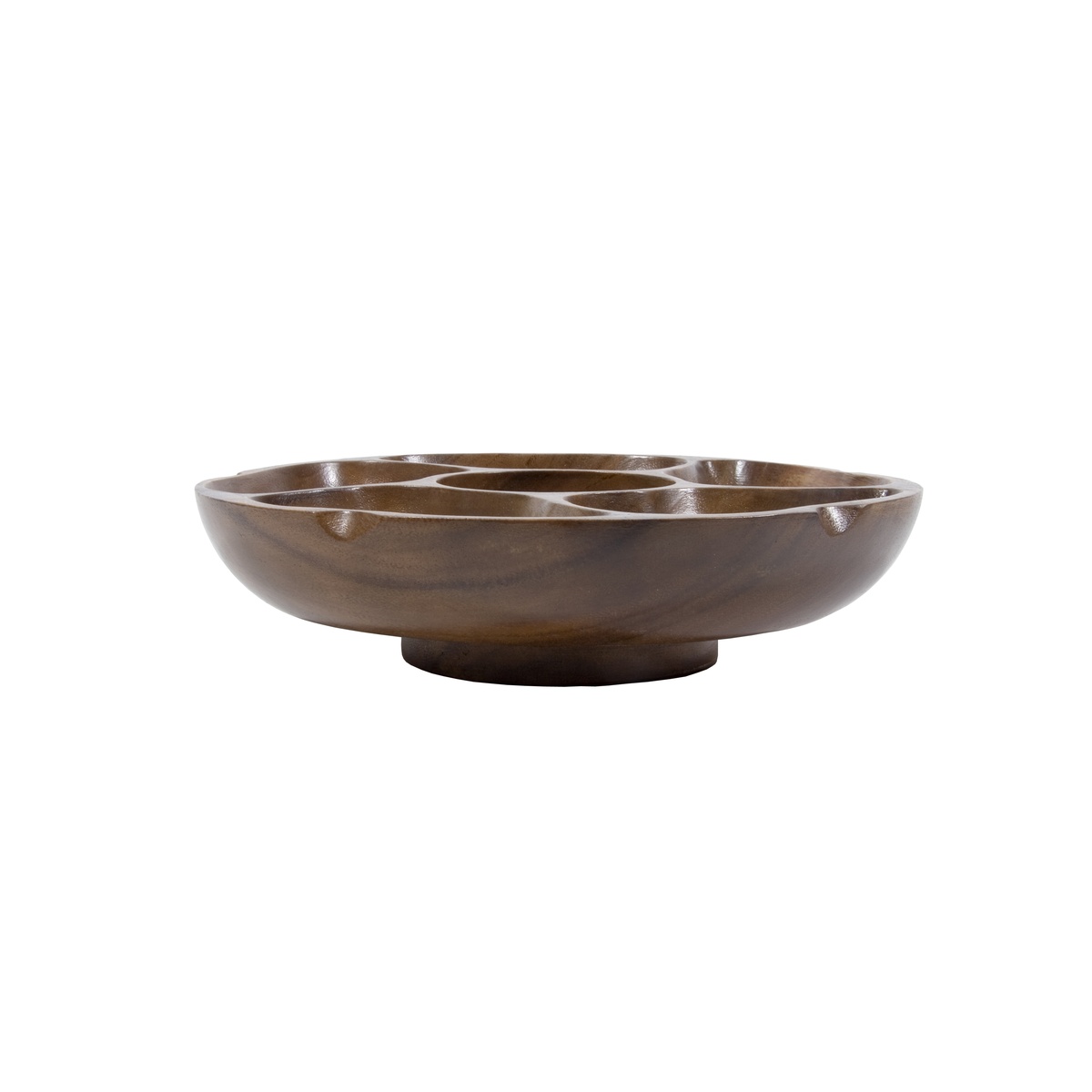 Town 51305 teak pu-pu platter, side profile view showing footed base and carved compartment walls
