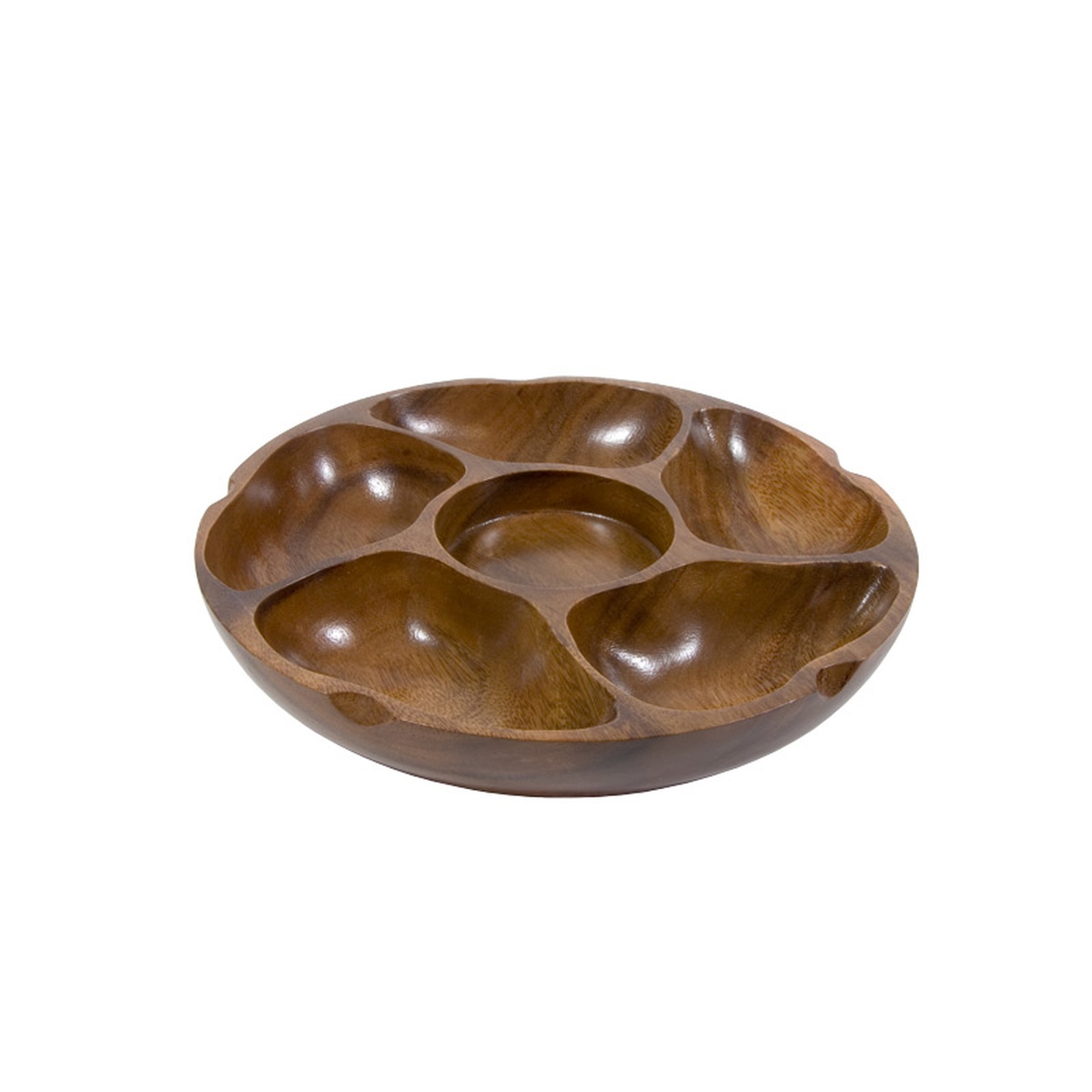 Town 51305 5-compartment teak pu-pu platter, angled top view showing carved wooden sections and center hibachi hole