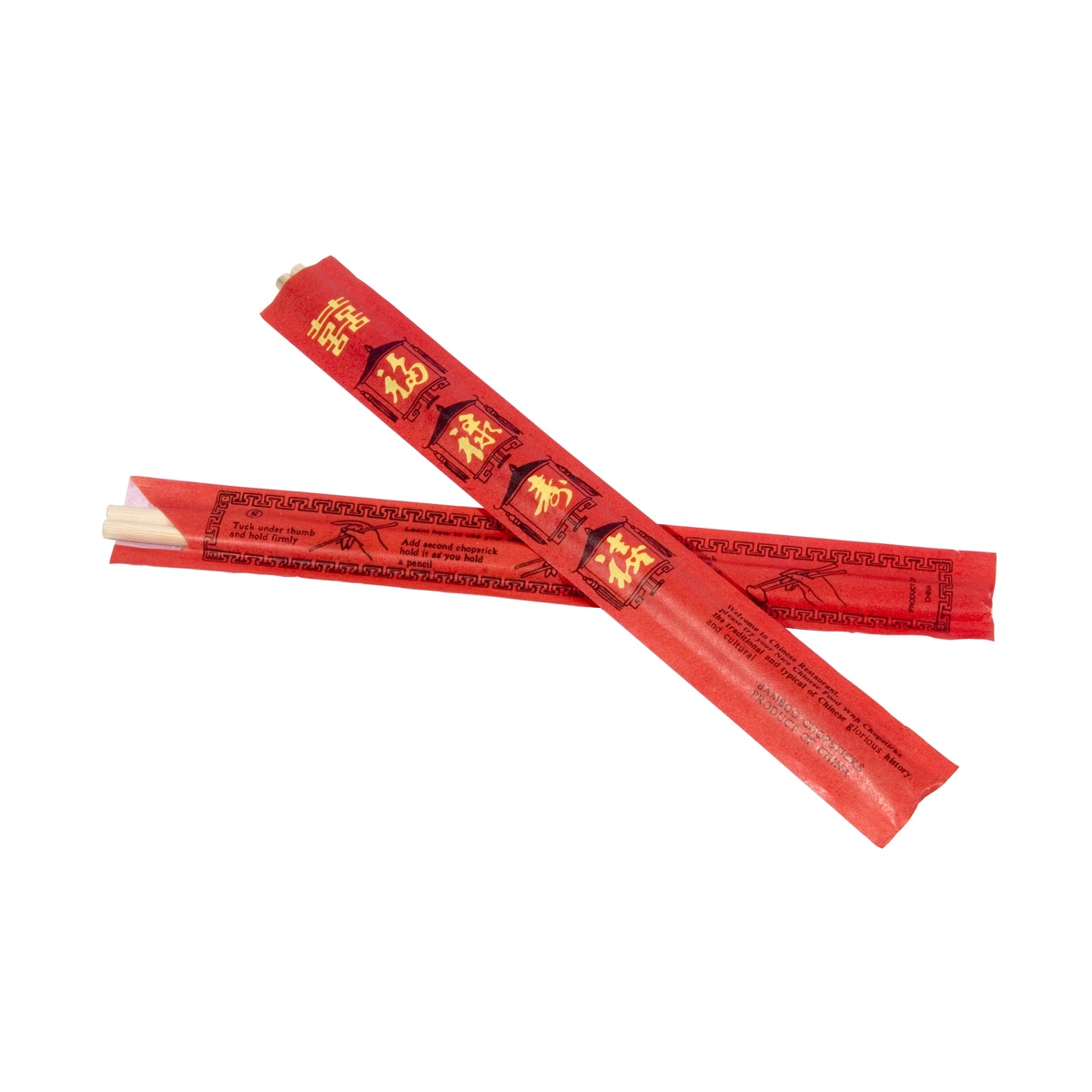Two pairs of individually wrapped bamboo chopsticks in red sleeves crossed over each other