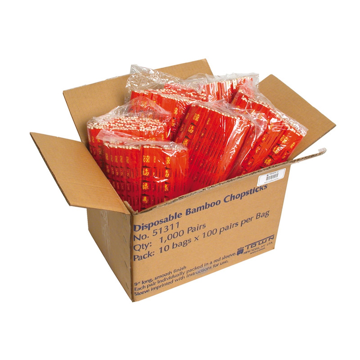 Open cardboard case of Town Disposable Bamboo Chopsticks No. 51311 showing 10 bags of 100 pairs each