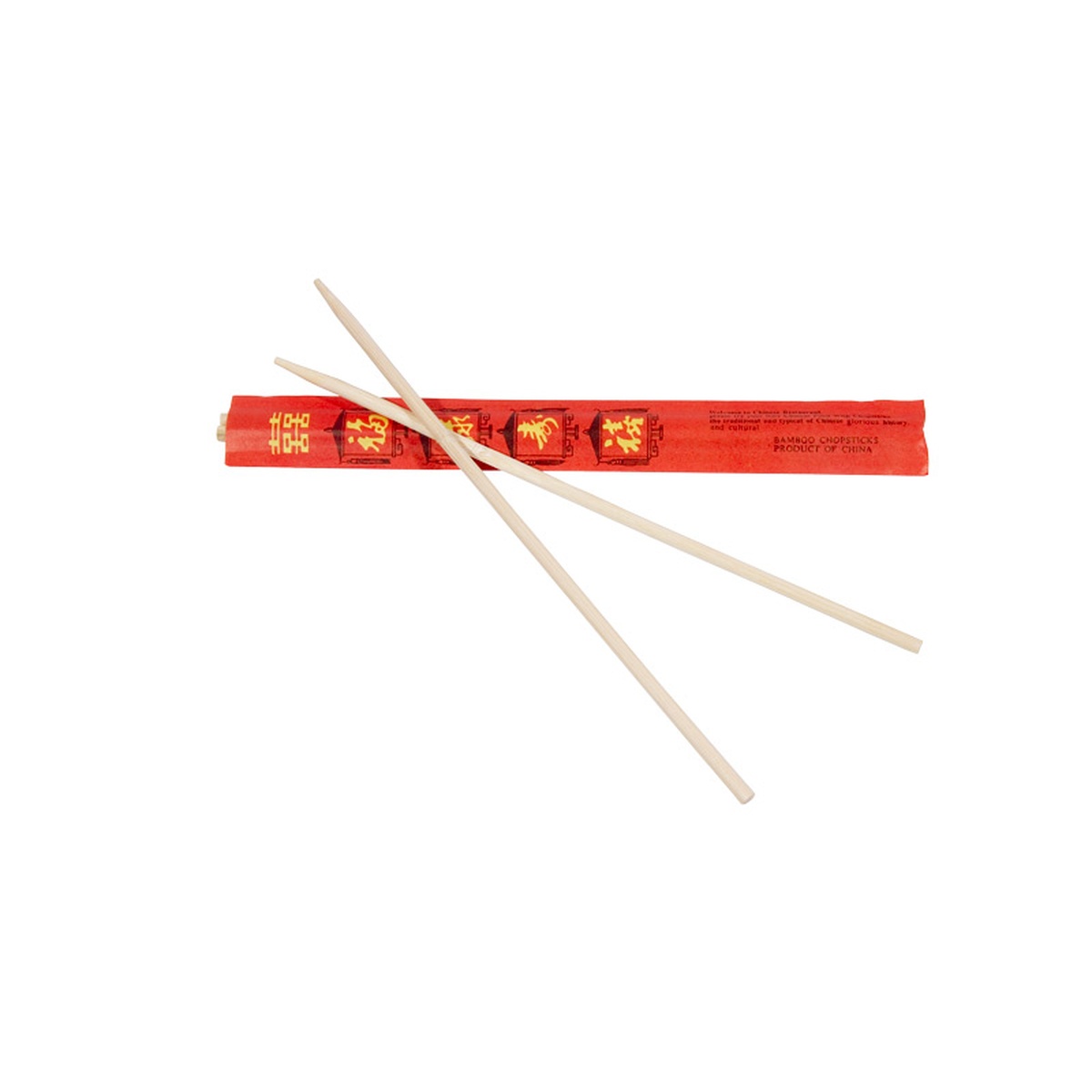 Town bamboo chopsticks removed from bright red paper sleeve against white background