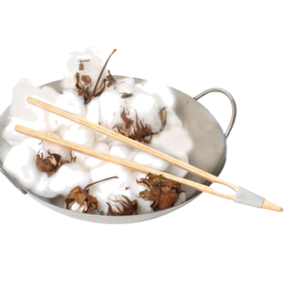 Town Equipment 51318 bamboo serving tongs resting in a stainless steel wok