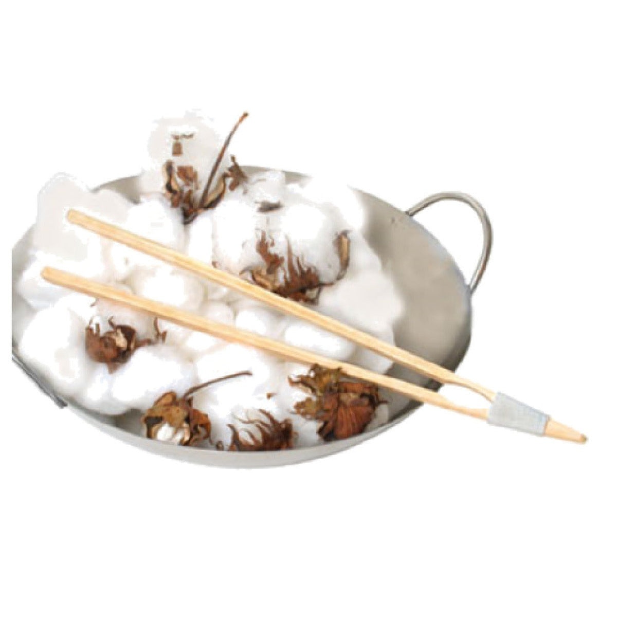 Town Equipment 51318 bamboo serving tongs displayed in a stainless steel wok with decorative cotton bolls