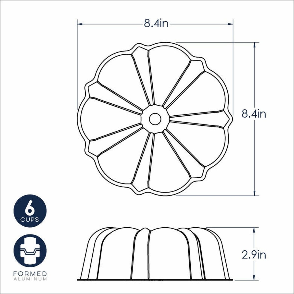 Technical diagram of Nordic Ware 6 Cup Formed Bundt Pan showing 8.4-inch diameter and 2.9-inch height measurements
