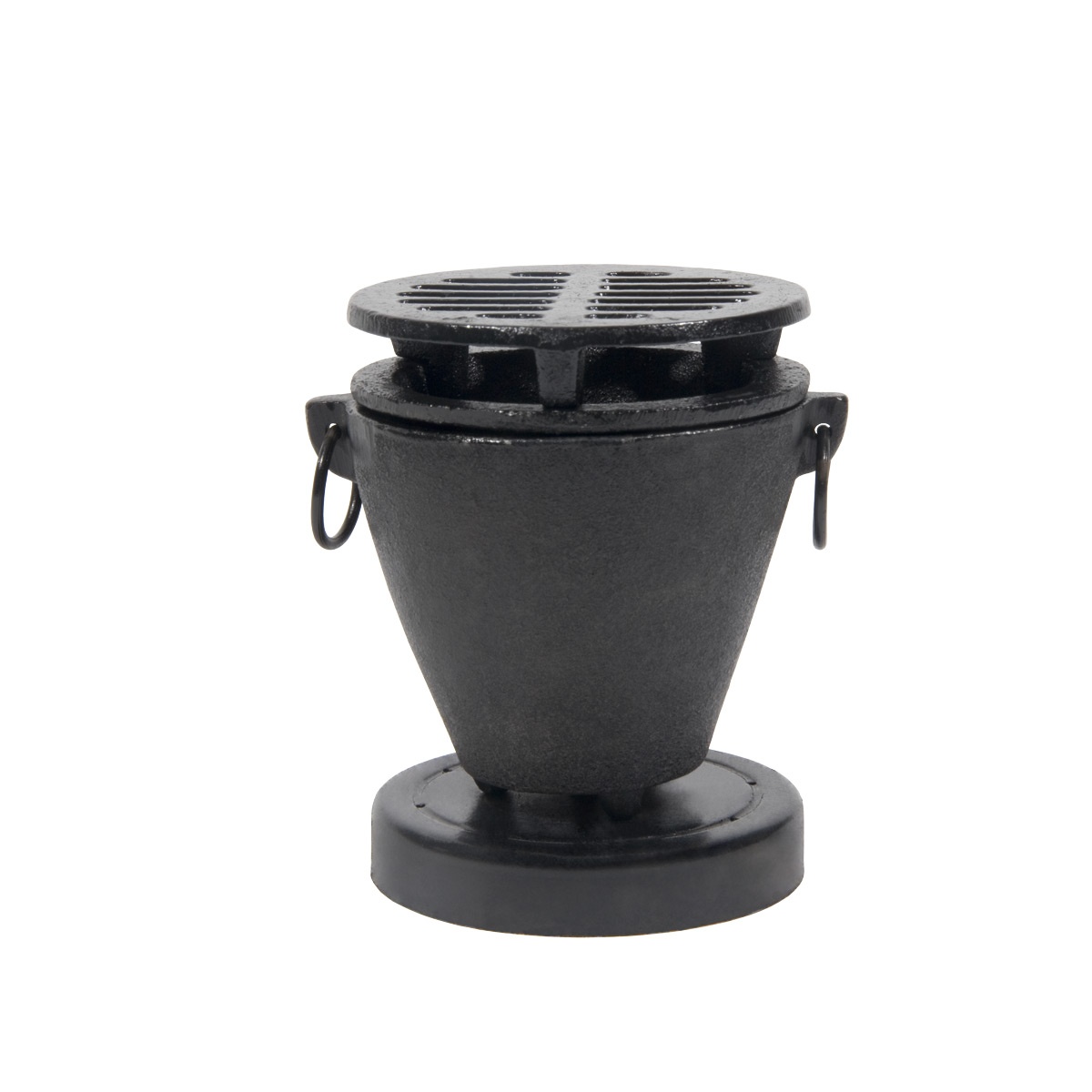 Town 51355 black cast iron hibachi stove with removable round grill rack and side ring handles