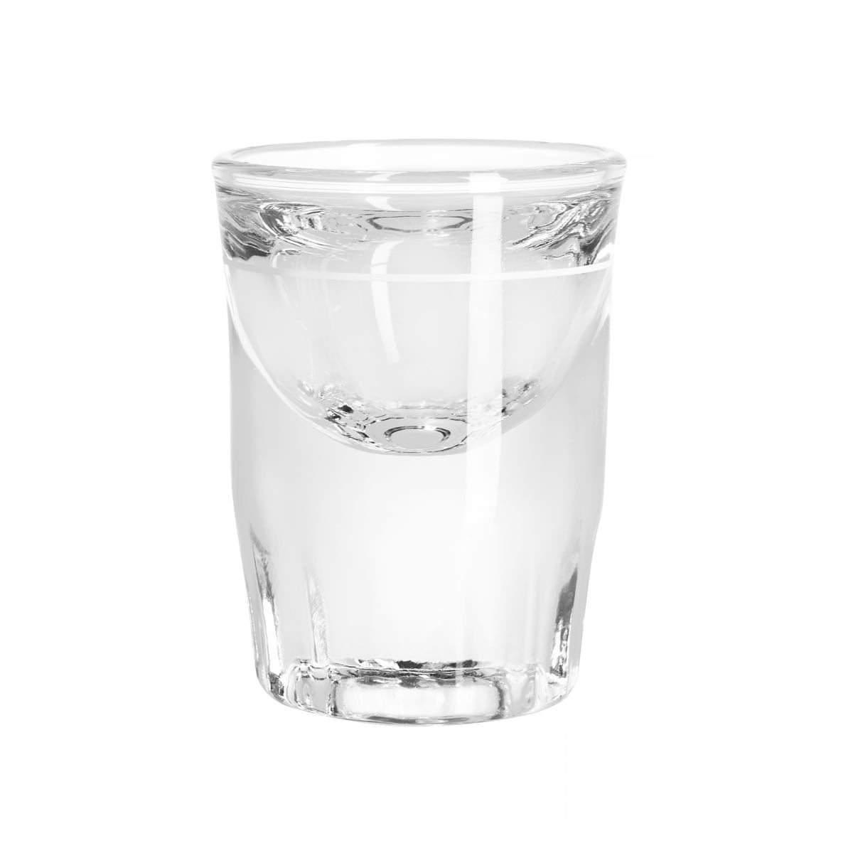 Libbey 5135 fluted whiskey shot glass filled with clear spirit, front view