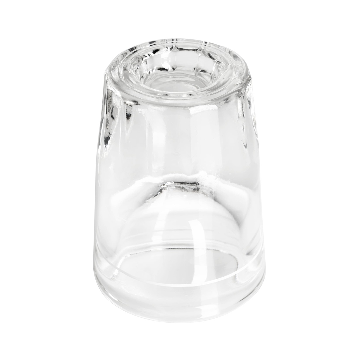 Angled view of Libbey 5135 fluted shot glass showing base construction and clear glass body