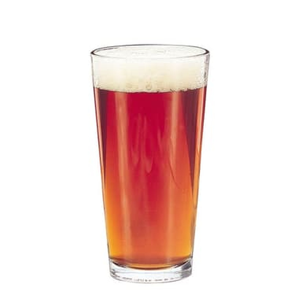Libbey 5137 Restaurant Basics 20 oz mixing glass filled with amber beer and foam head