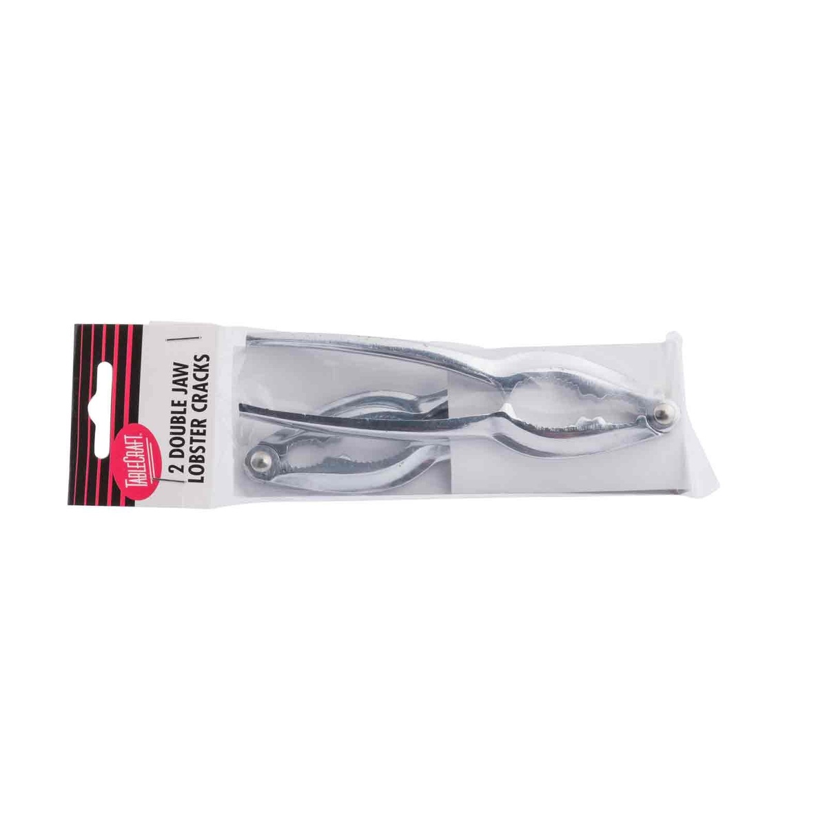 TableCraft double-jaw lobster crackers in clear retail packaging, angled side view showing both crackers