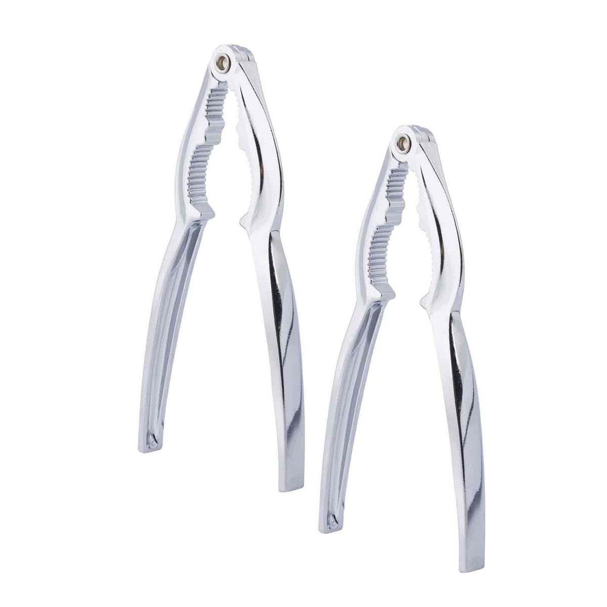 Two chrome-plated double-jaw lobster crackers shown side by side on white background