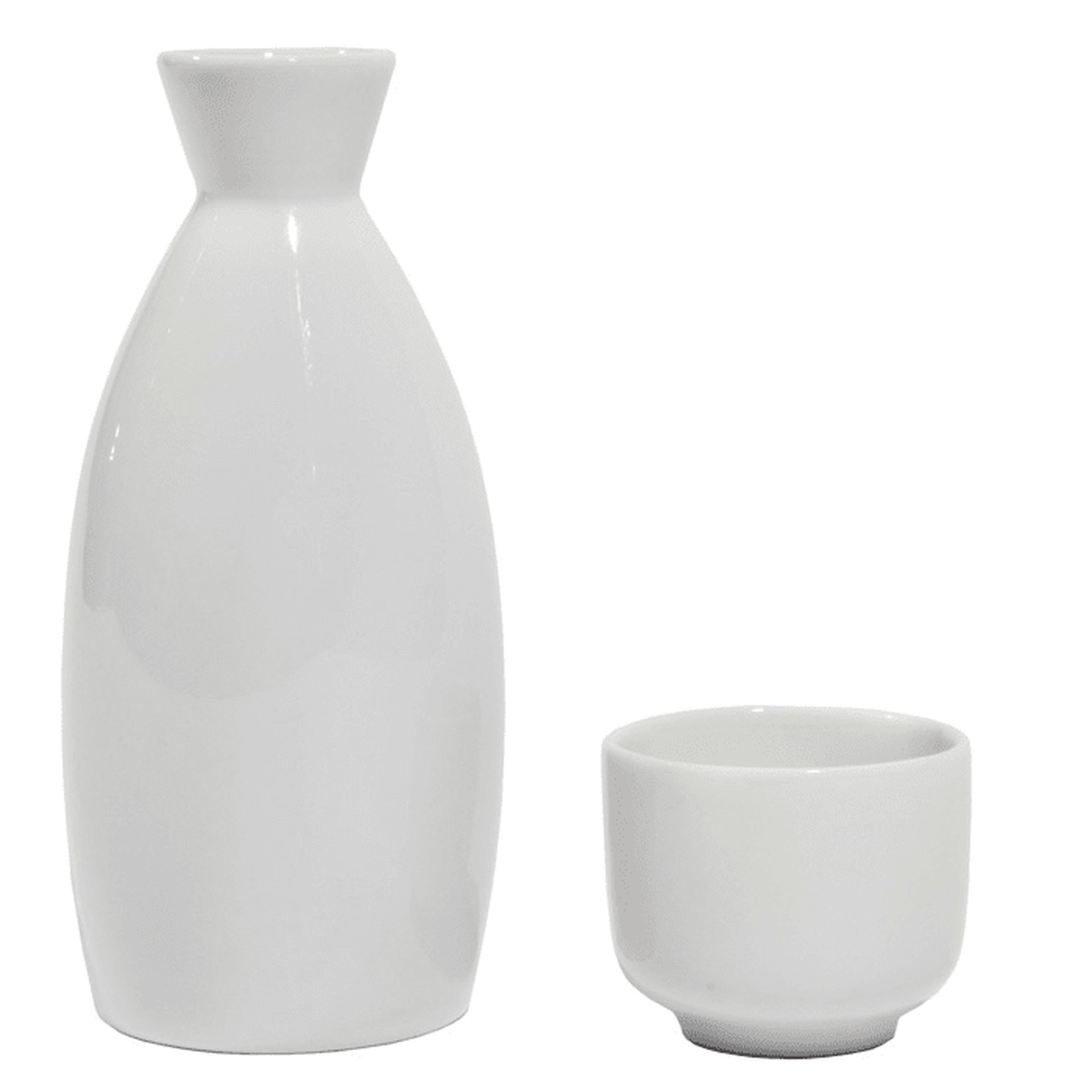 Town Food Service white ceramic sake bottle shown alongside a matching white ceramic sake cup