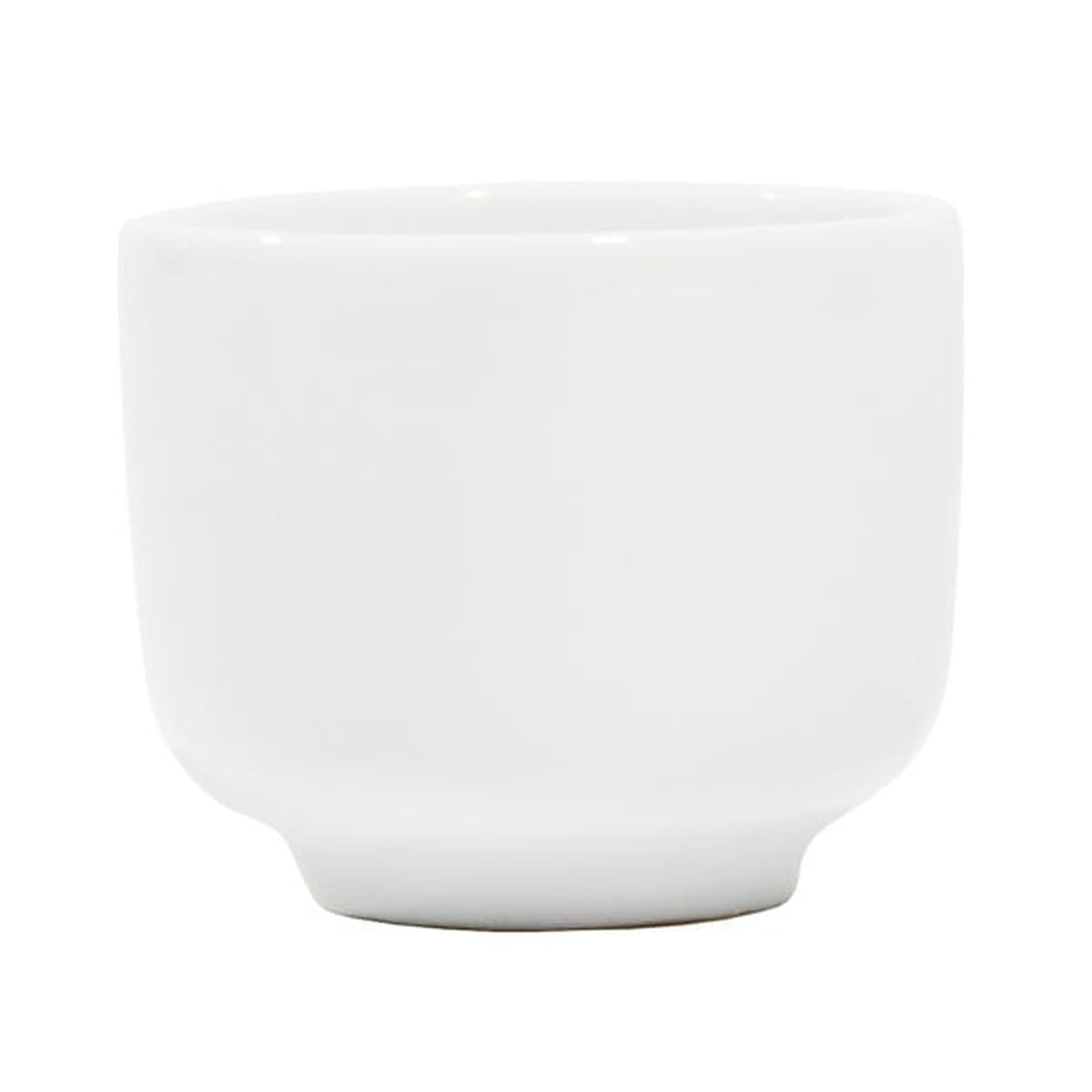 Town Food Service 1-1/2 oz white ceramic sake cup, side profile view on white background