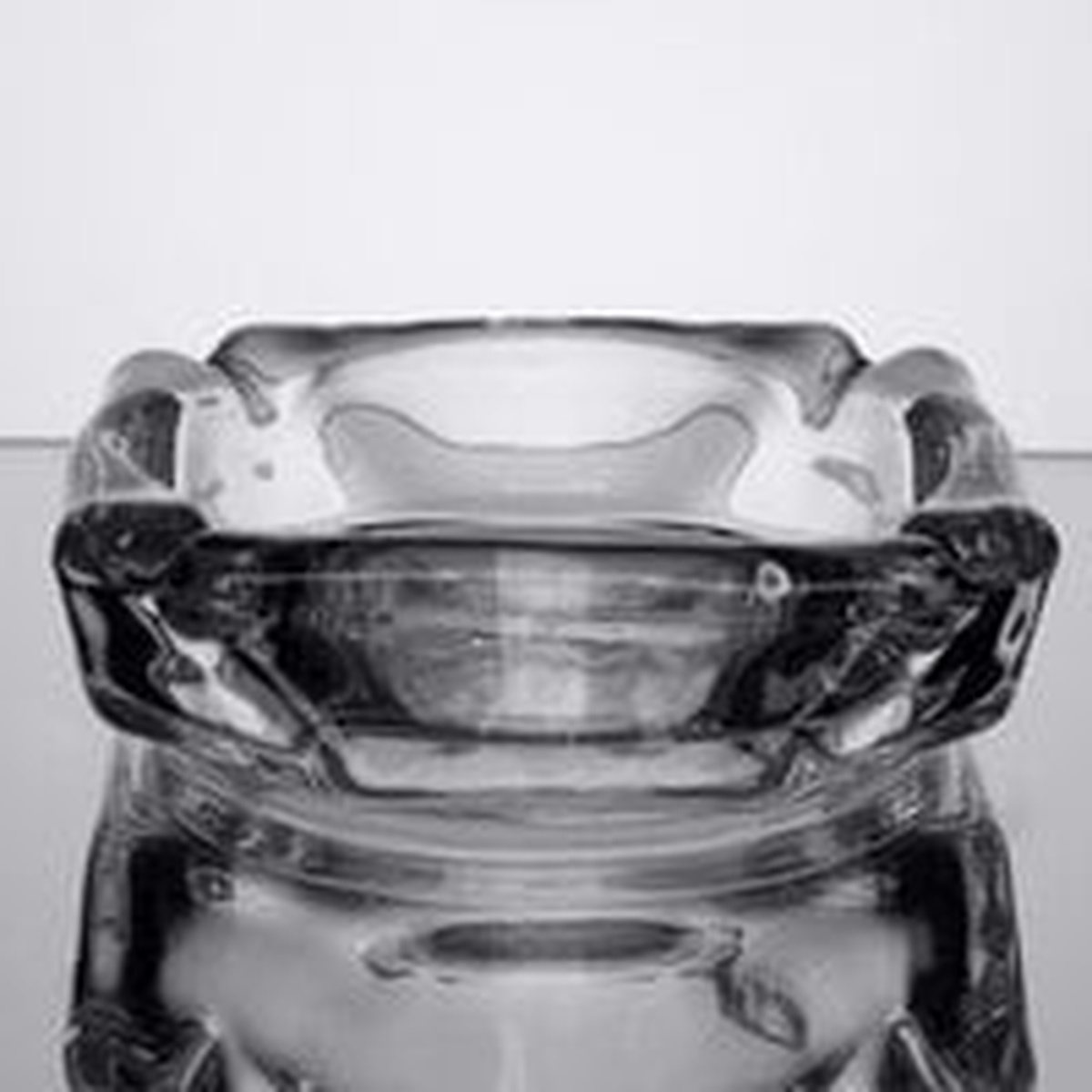 Libbey 5143 clear square glass ashtray side angle view showing thick glass walls and depth