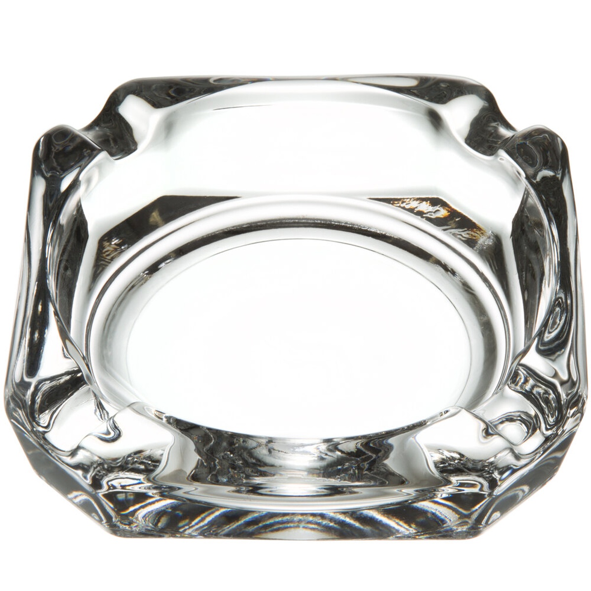 Libbey 5143 clear square glass ashtray viewed from above showing four corner cigarette notches