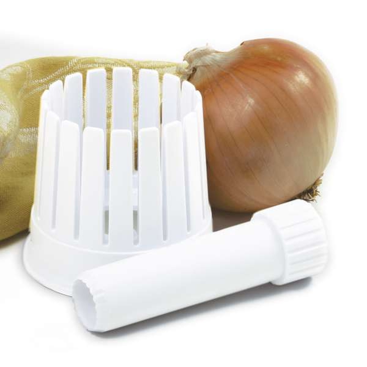 Norpro Onion Blossom Maker with slicing guide, core remover, and a whole onion