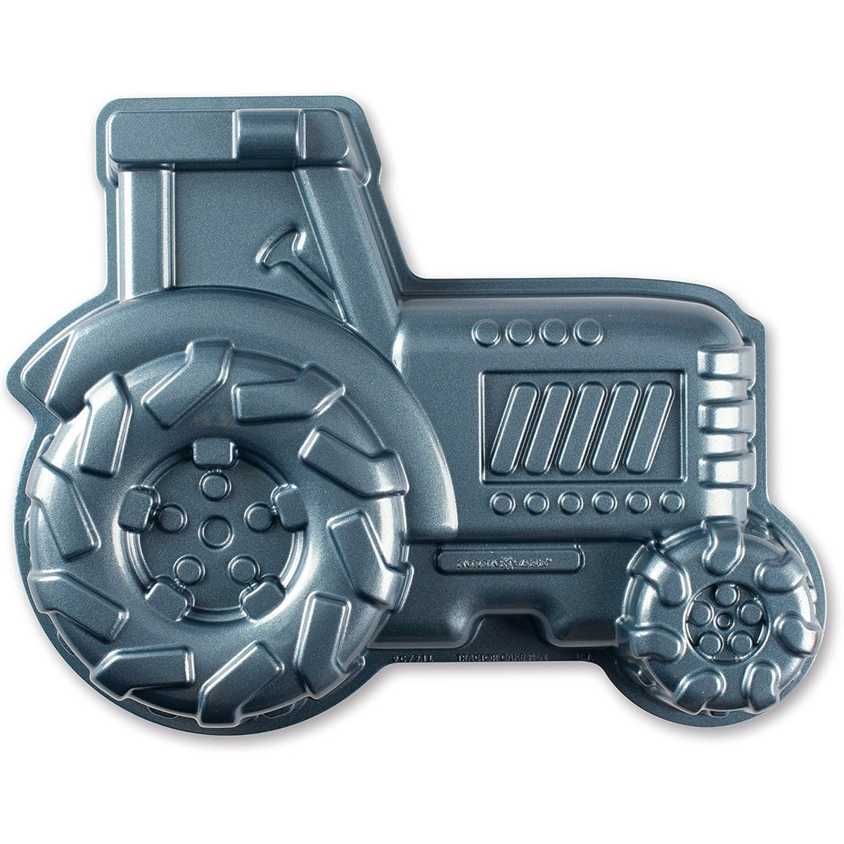 Nordic Ware Pro Cast Tractor Cake Pan in metallic blue-gray finish showing detailed tractor shape with treaded tires and engine grille
