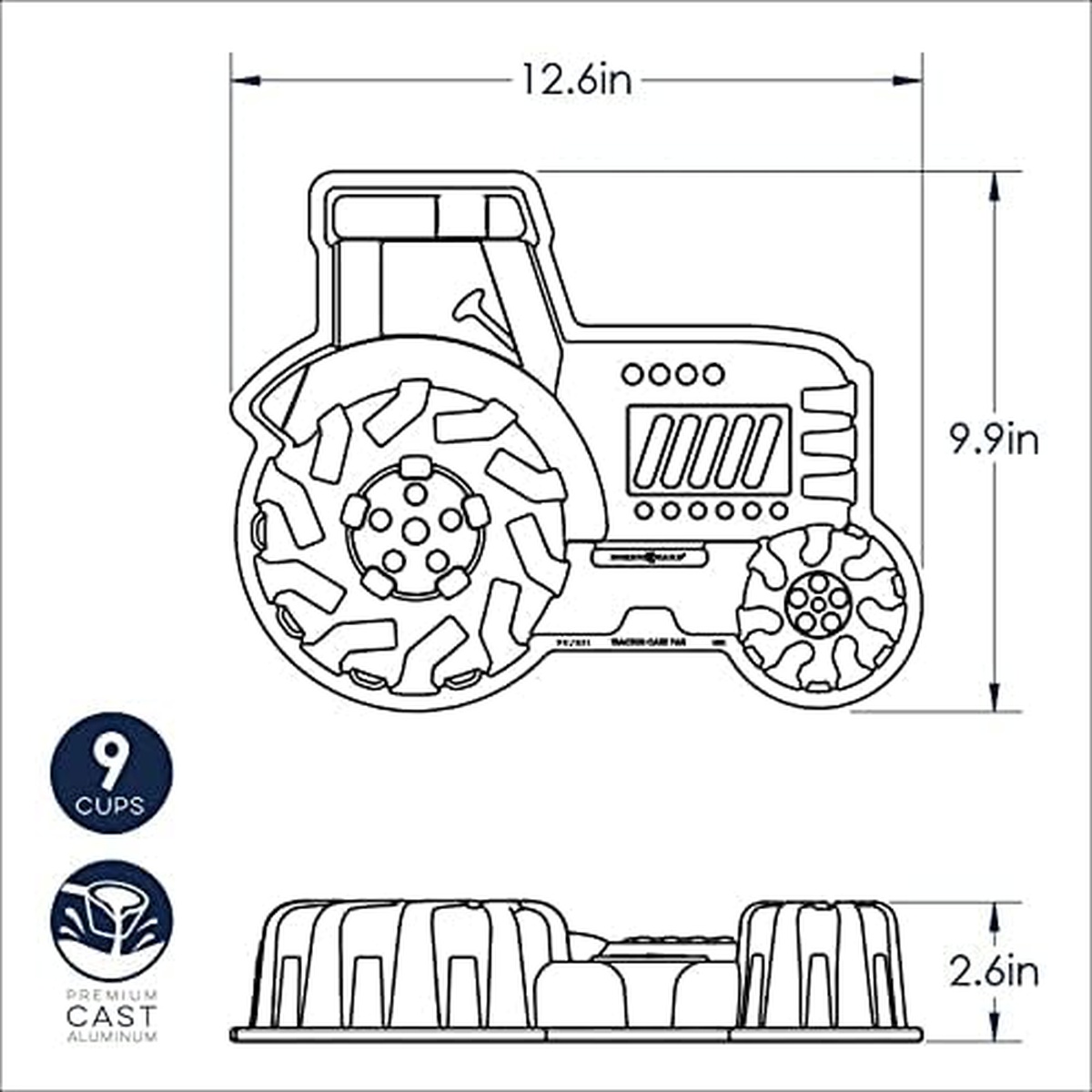 Nordic Ware Tractor Cake Pan dimensions diagram showing 12.6 in width, 9.9 in height, 2.6 in depth and 9-cup cast aluminum specifications