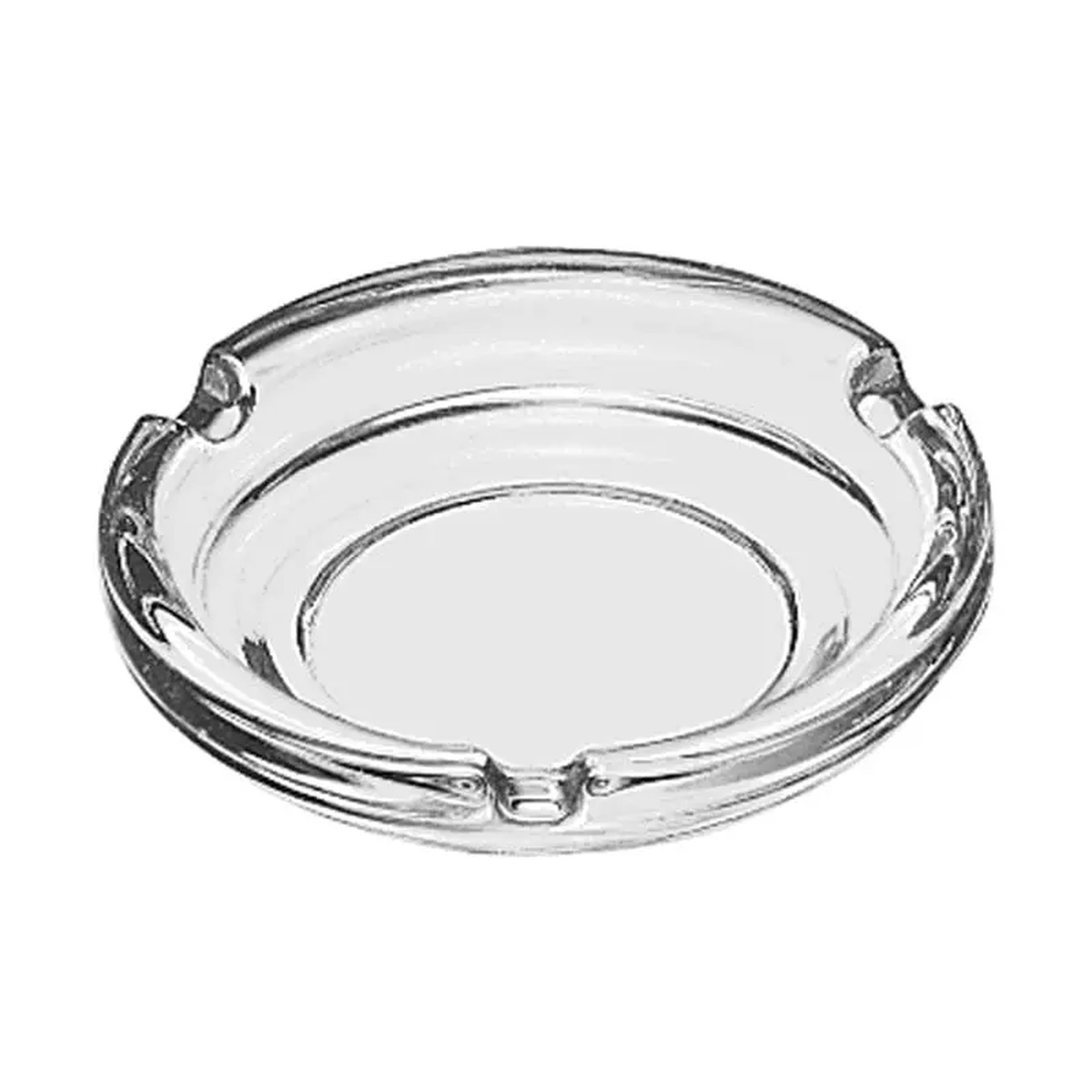 Libbey 5156 clear glass round ashtray with three cigarette notches, viewed from above at an angle