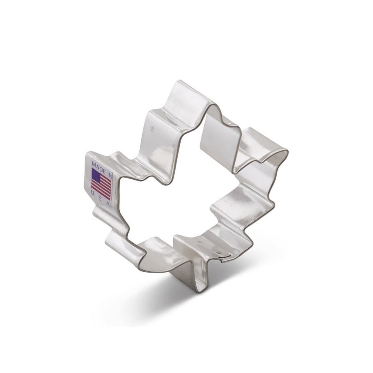 Ann Clark 5159A tin maple leaf cookie cutter on white background showing Made in USA label
