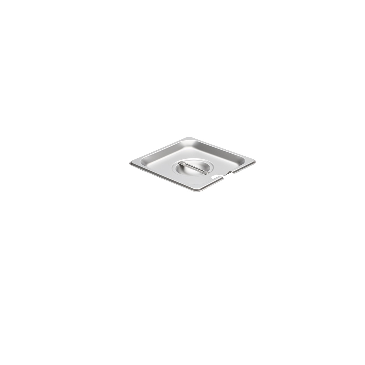 Libertyware 5160S 1/6 size flat notched stainless steel steam table pan cover with integrated handle, top-angle view