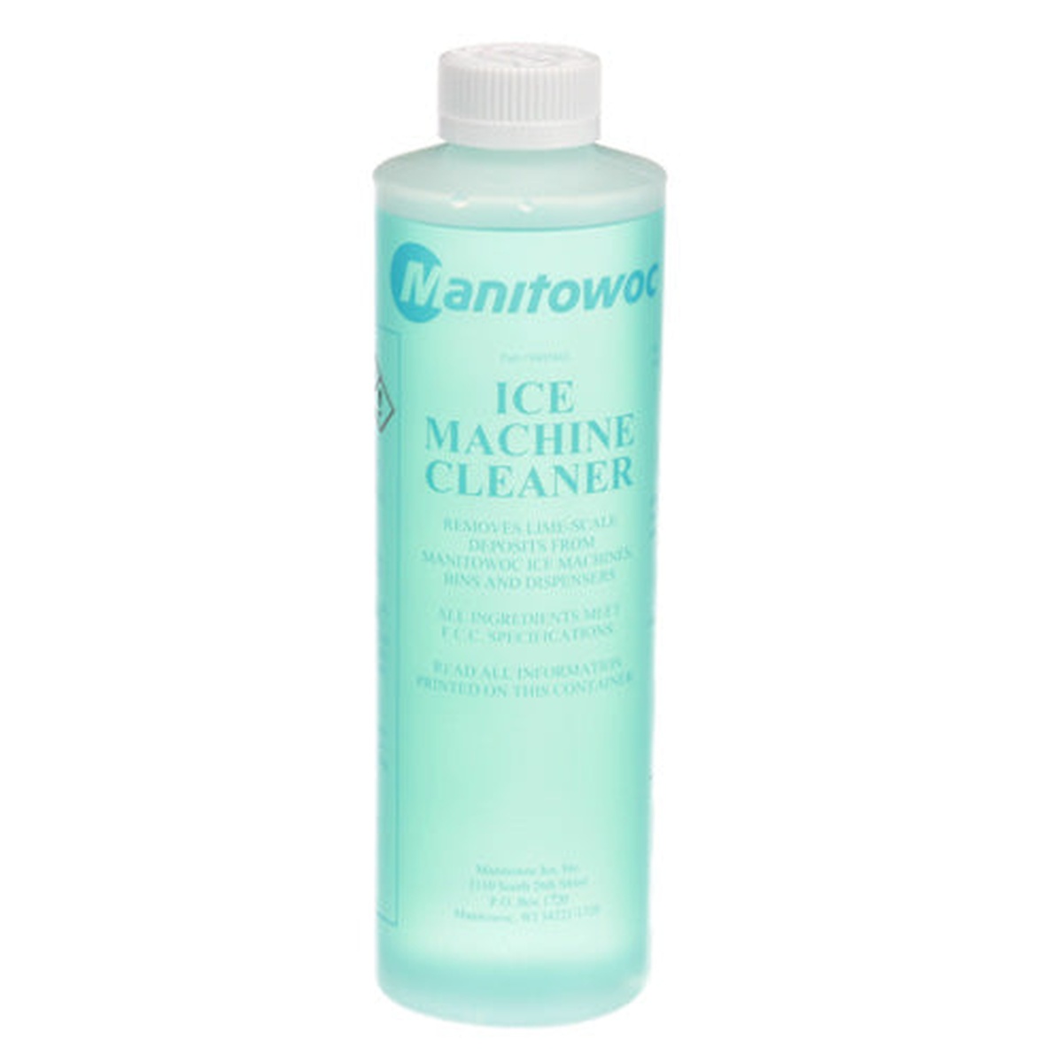 Manitowoc 16 oz. Ice Machine Cleaner bottle with teal liquid and white cap