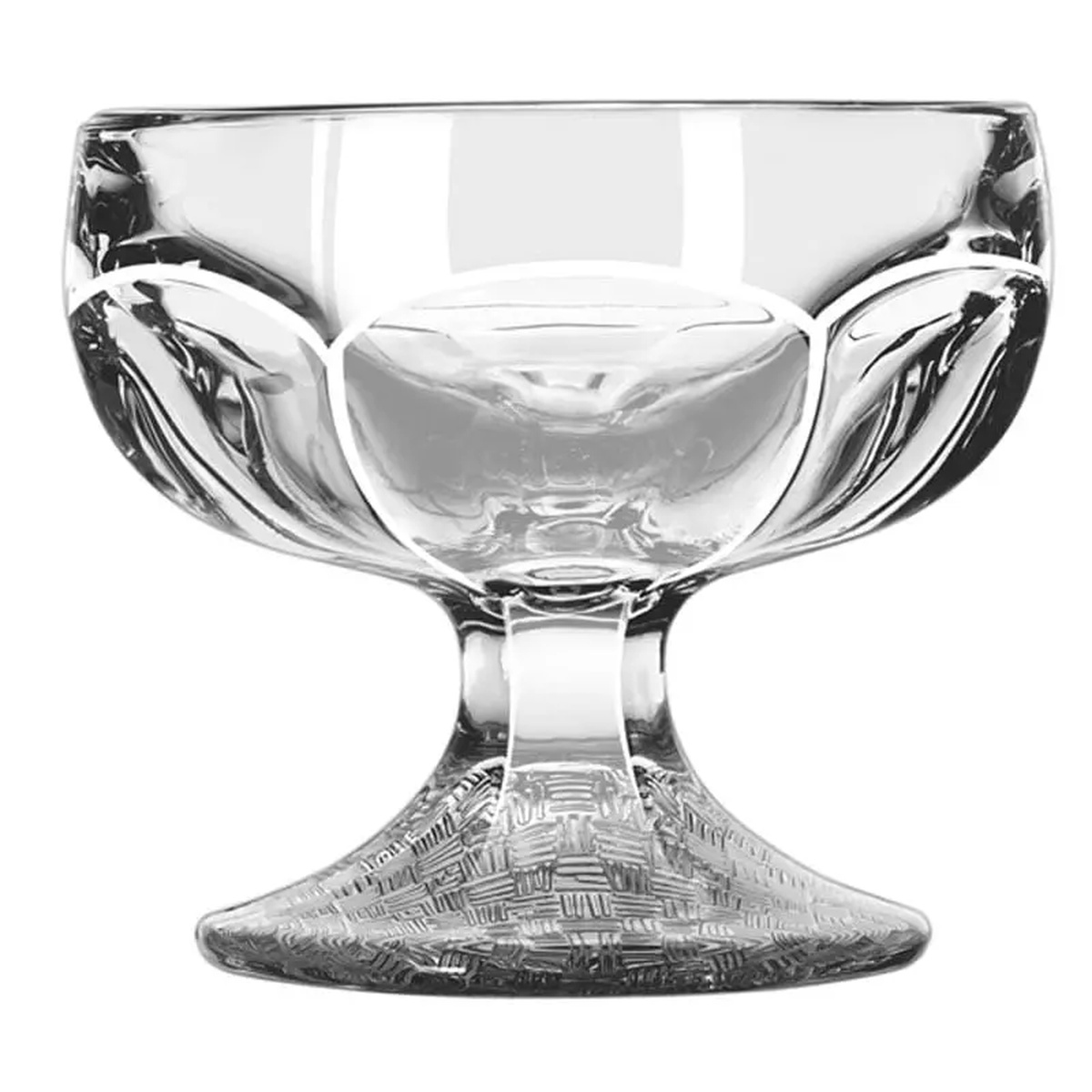 Libbey 5162 Fountainware 4.5 oz clear glass sherbet dish with tapered bowl, thick stem, and textured wide foot