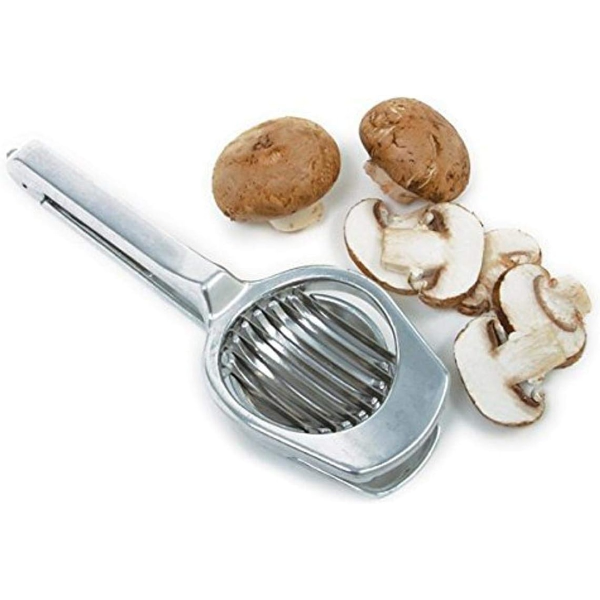 Norpro 5170 mushroom and egg slicer shown alongside whole and sliced mushrooms on white background
