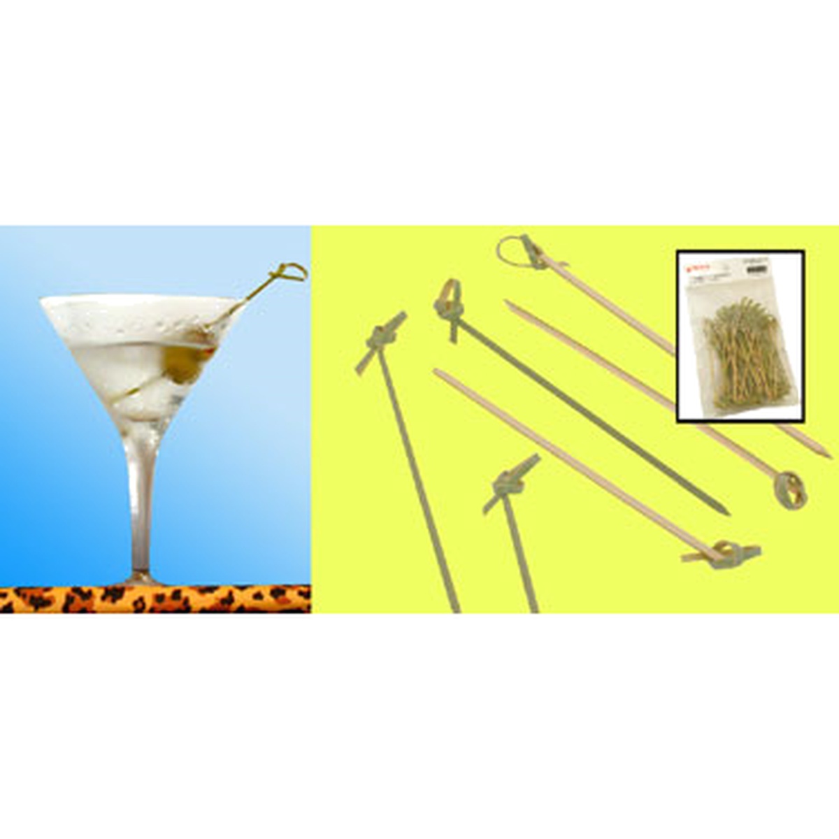 Town Equipment 51704CP 4-inch knotted bamboo cocktail picks shown with a martini glass garnish, individual picks displayed, and a display pack of 50