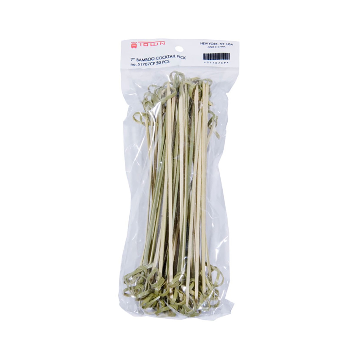 Clear display pack of 50 Town 7-inch bamboo knot cocktail picks bundled together with product label
