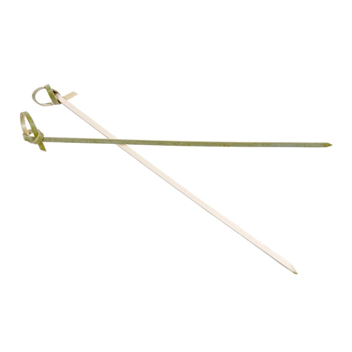 Two Town 7-inch bamboo knot cocktail picks crossed on white background, showing the pointed tip and decorative knotted loop end
