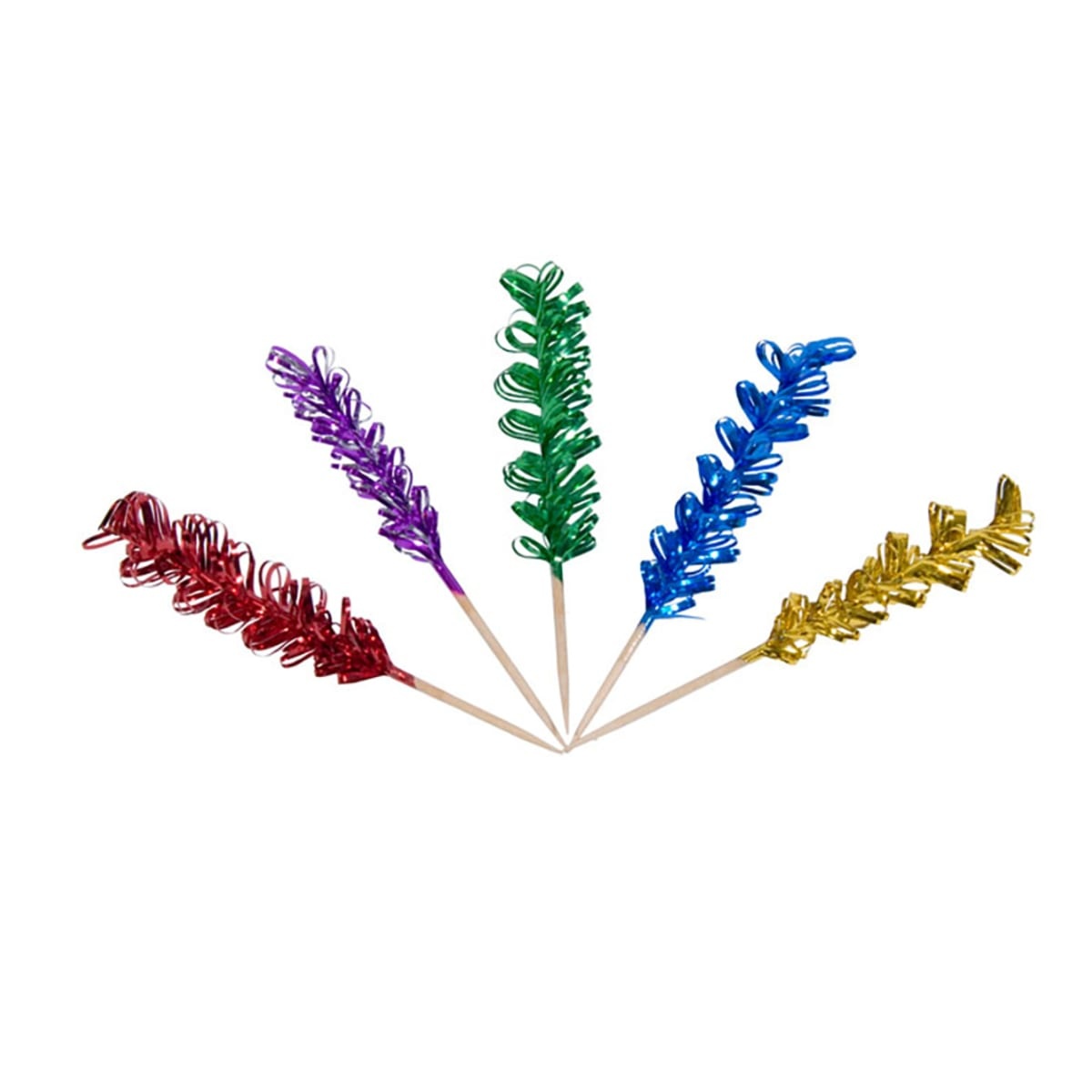 Five Town curly foil frill picks fanned out showing assorted colors: red, purple, green, blue, and gold on wooden stems