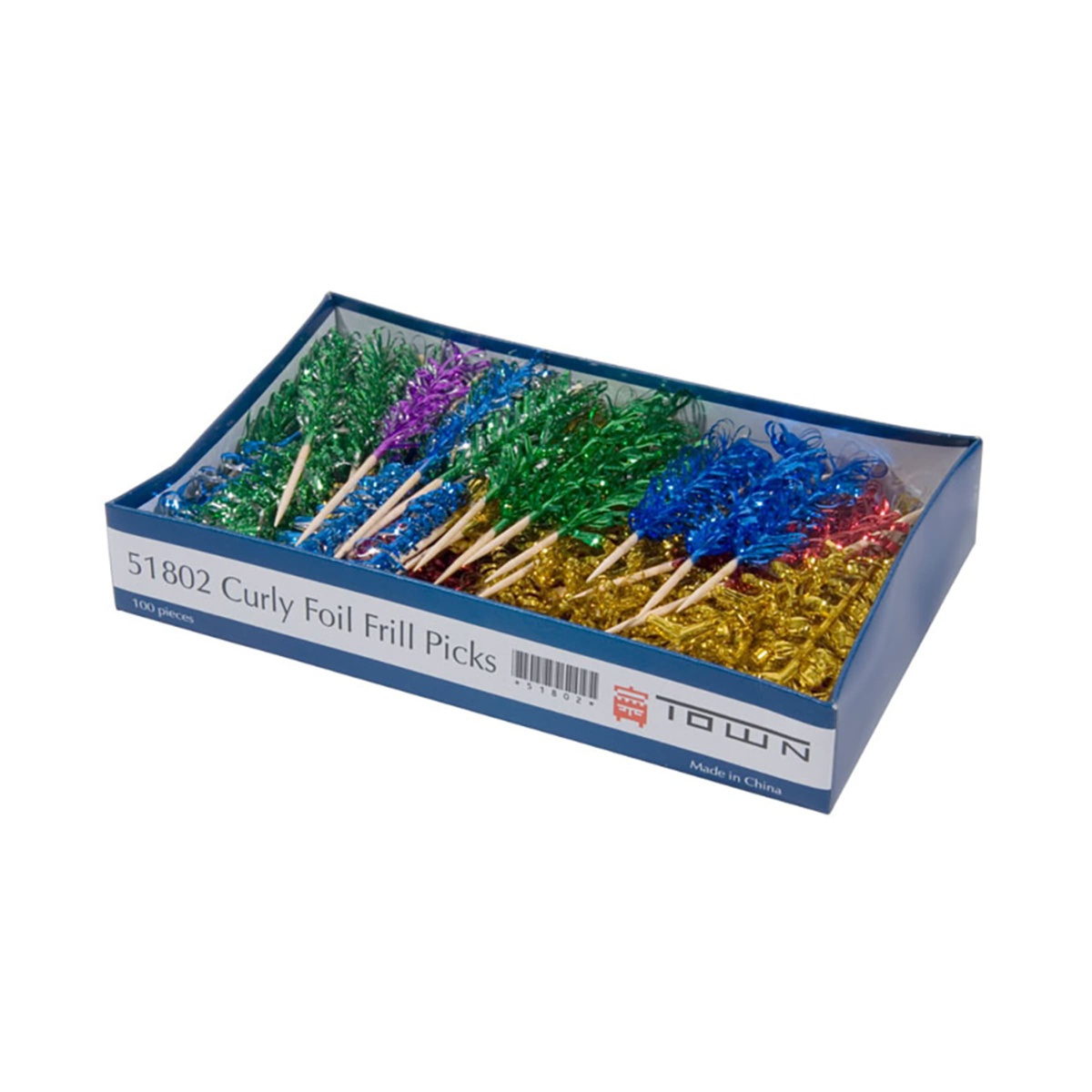 Town 51802 Curly Foil Frill Picks 100-piece retail packaging box showing assorted color picks inside