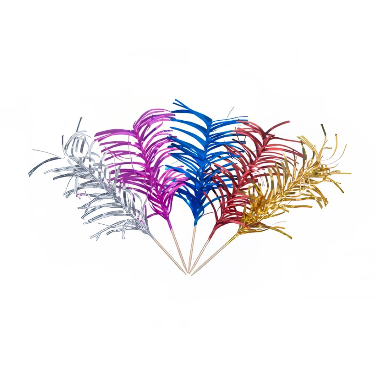 Town 51805 assorted color foil frill cocktail picks with wooden stems fanned out on white background