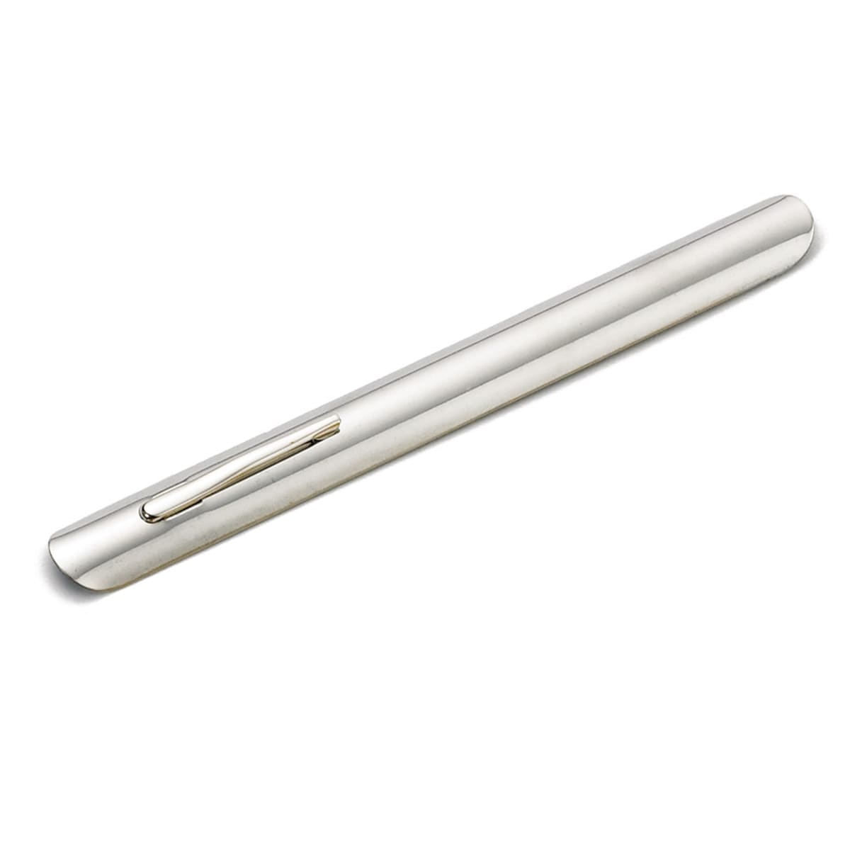 Tablecraft 519 stainless steel table crumber shown at a diagonal angle revealing the pocket clip