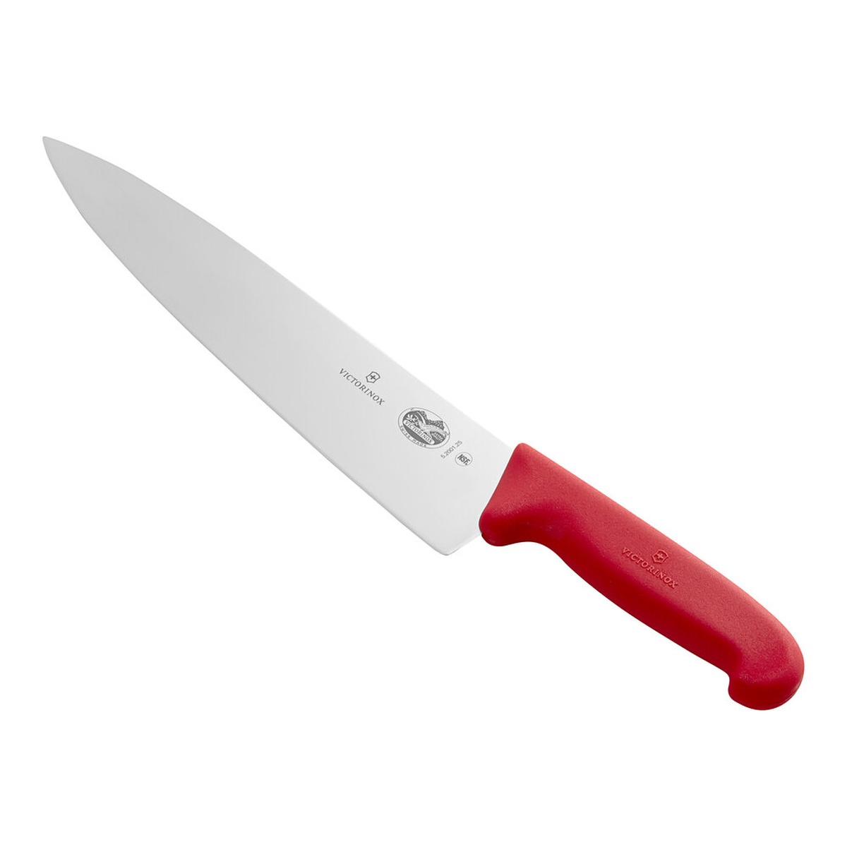 Victorinox 10-inch chef's knife with smooth stainless steel blade and red Fibrox Pro handle on white background
