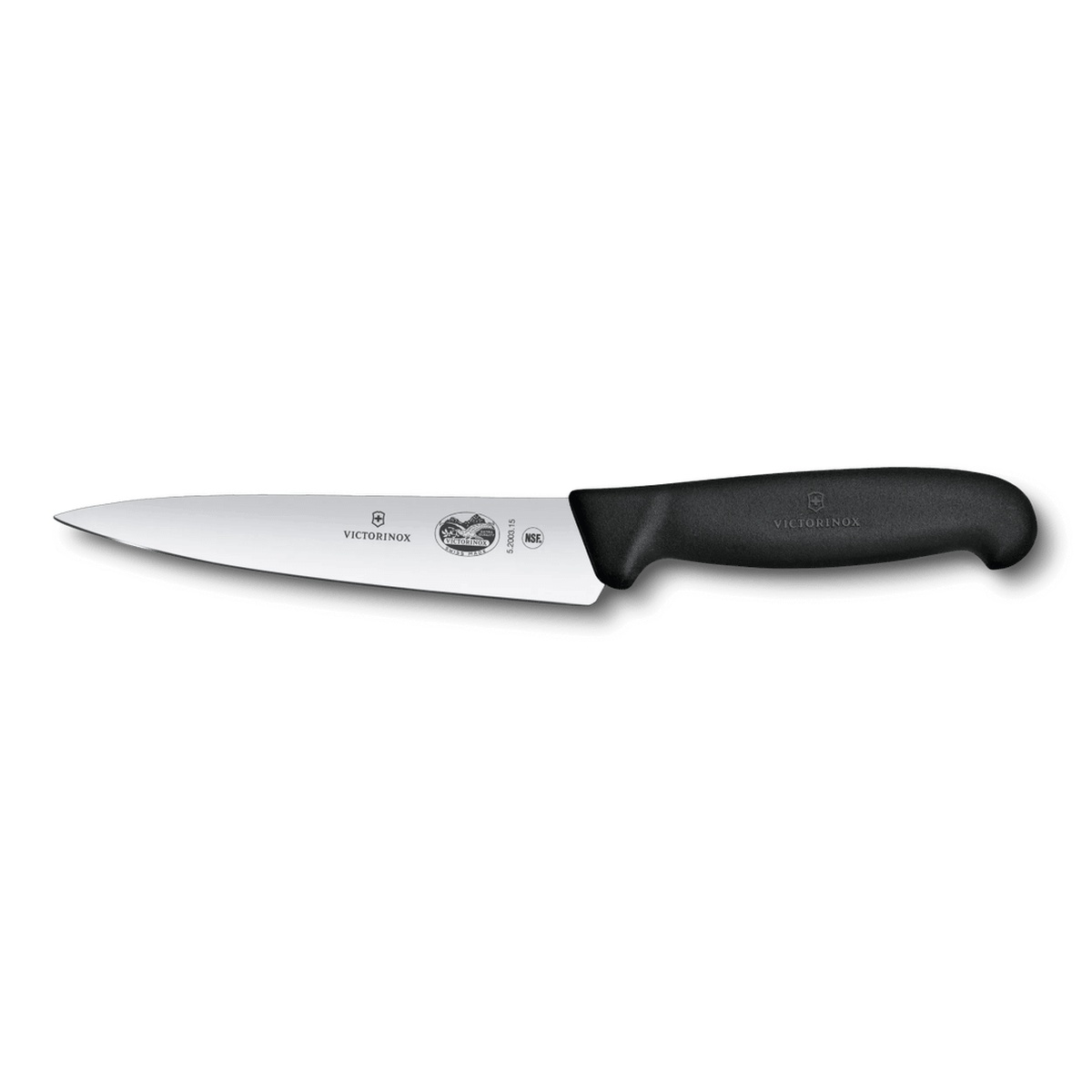 Victorinox Fibrox Chef's Knife 6 inch with black handle and stainless steel blade, side view