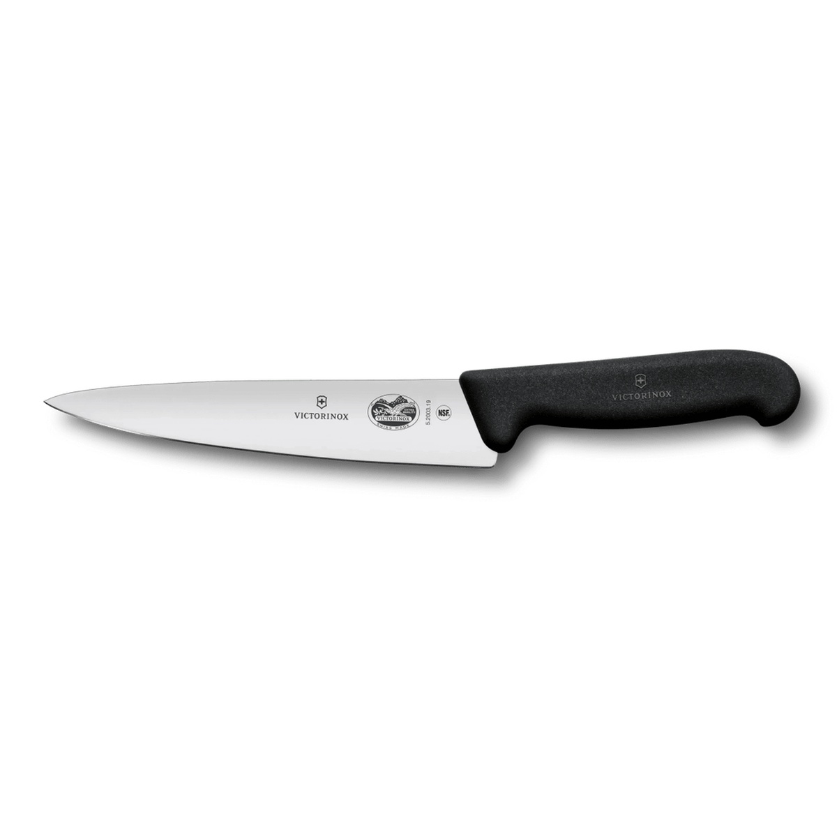 Victorinox Fibrox Chef's Knife 19 cm with black TPE handle and stainless steel blade on white background