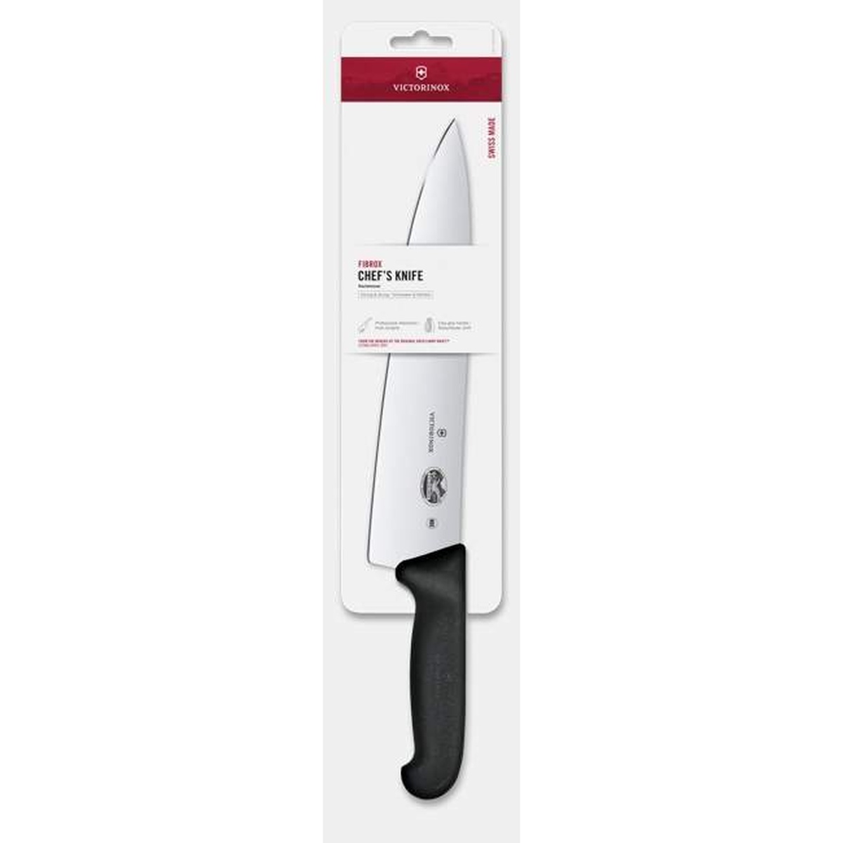 Victorinox Fibrox Chef's Knife displayed in retail clamshell packaging, Swiss Made label visible