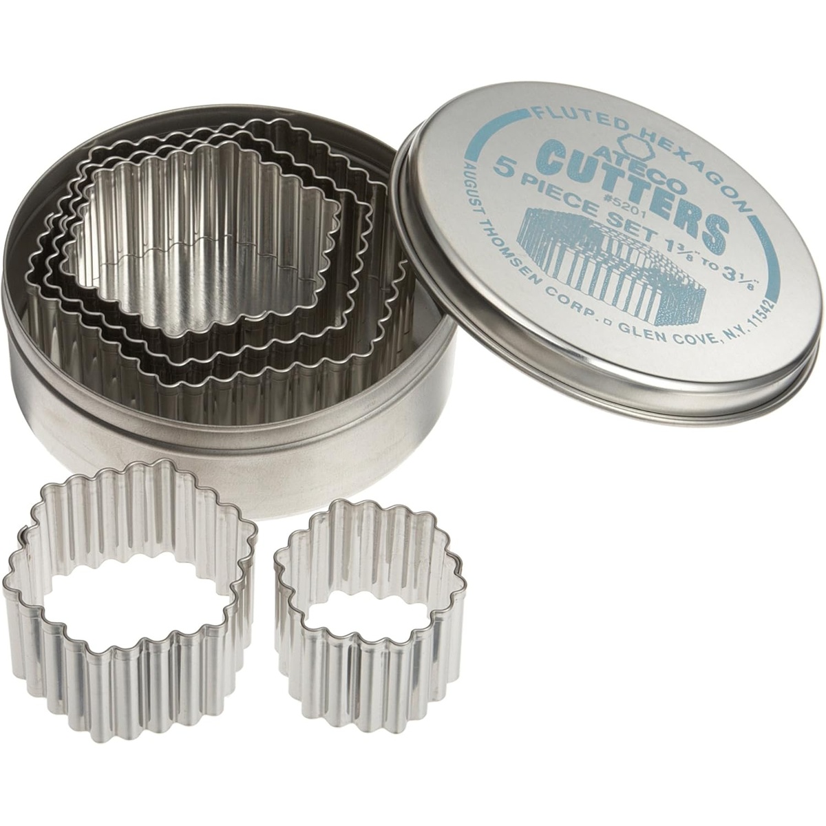 Ateco 5201 five-piece fluted hexagon stainless steel cutter set nested in a round storage tin with lid